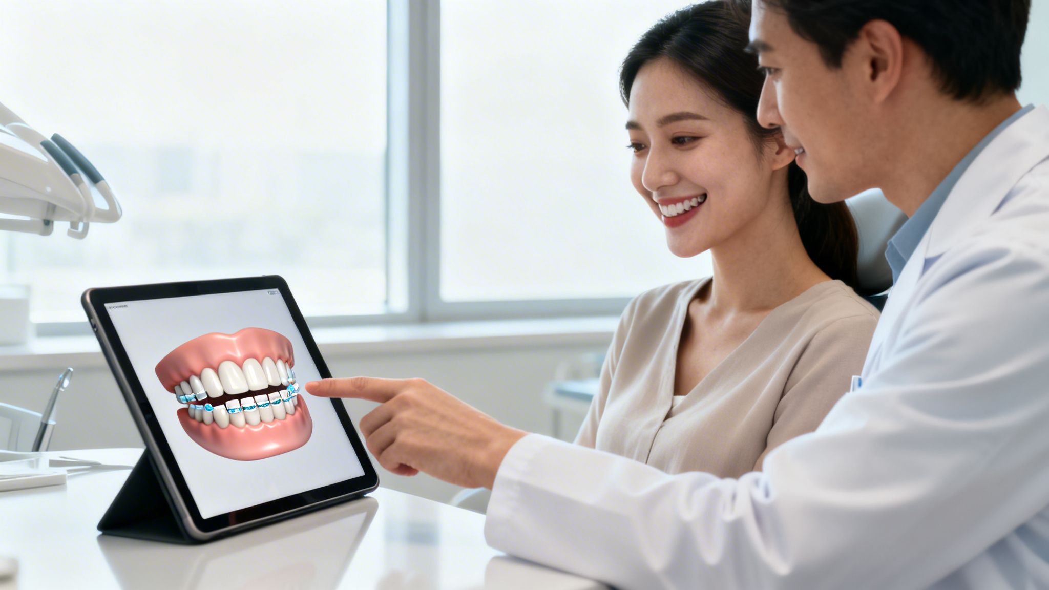 Charles E. Boren | Cosmetic Dentist for Porcelain Veneers in Bellaire, TX A dentist shows a smiling patient a 3D model of teeth with braces on a tablet.