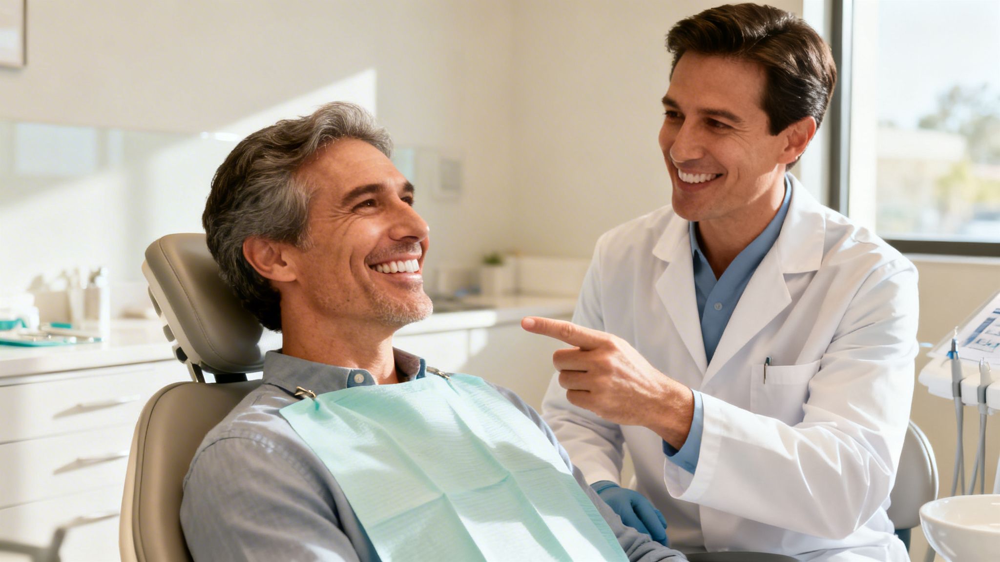 Charles E. Boren | Cosmetic Dentist for Porcelain Veneers in Bellaire, TX A smiling male patient in a dental chair looking at a cheerful male dentist pointing.