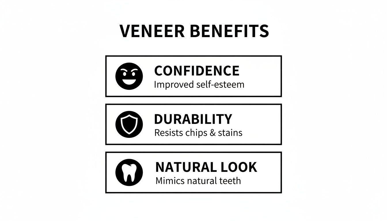 Charles E. Boren | Cosmetic Dentist for Porcelain Veneers in Bellaire, TX Infographic detailing three veneer benefits: improved confidence, durability, and a natural appearance.