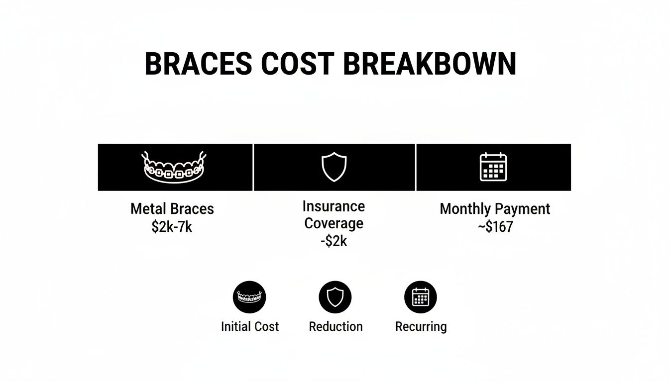 Charles E. Boren | Your Guide to the Cost of Braces in Houston, TX A detailed breakdown of braces costs, showing initial metal braces cost, insurance coverage, and monthly payments.
