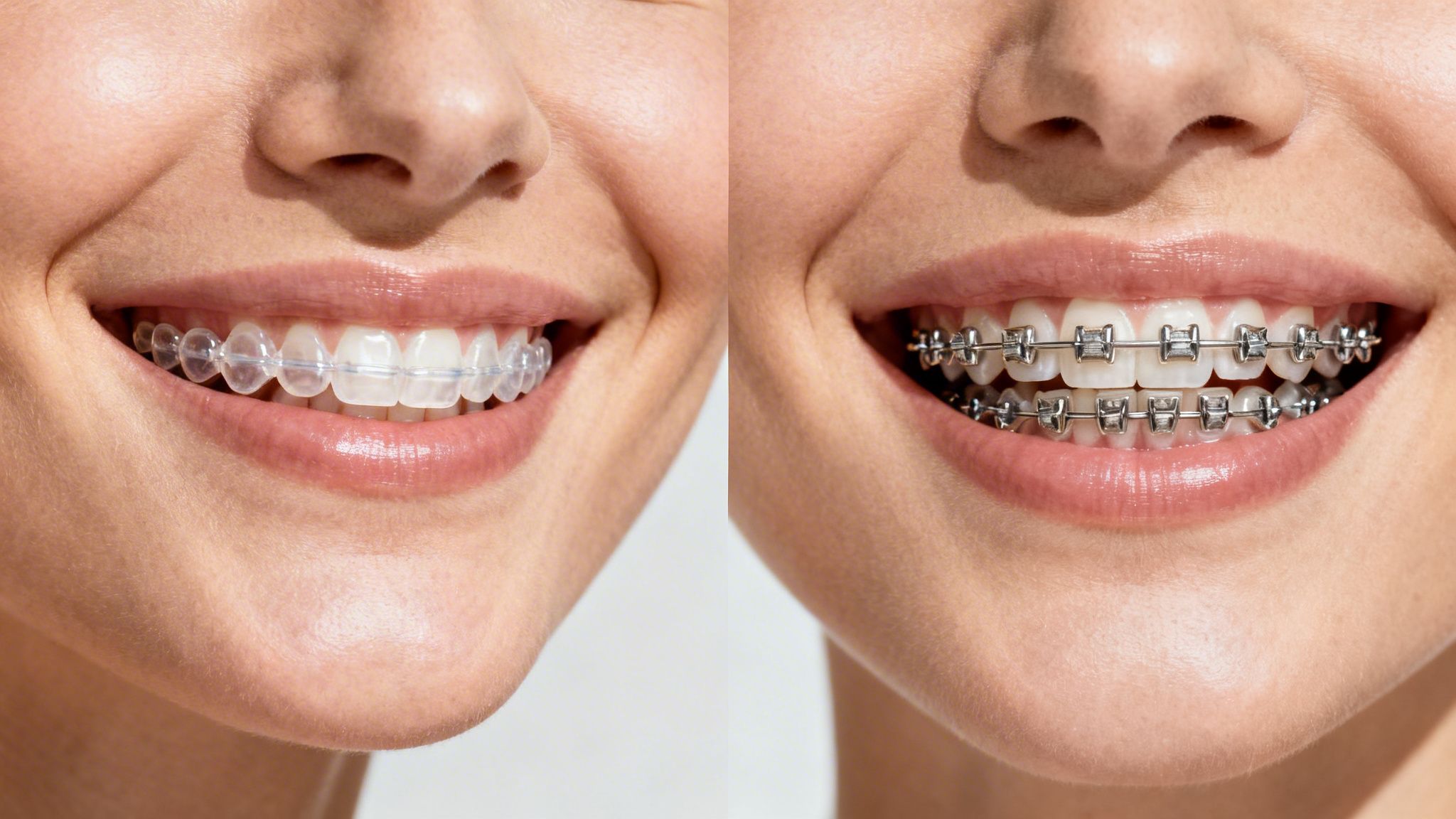 Charles E. Boren | Your Guide to the Cost of Braces in Houston, TX Close-up of a smiling mouth comparing clear aligners on the left and traditional metal braces on the right.