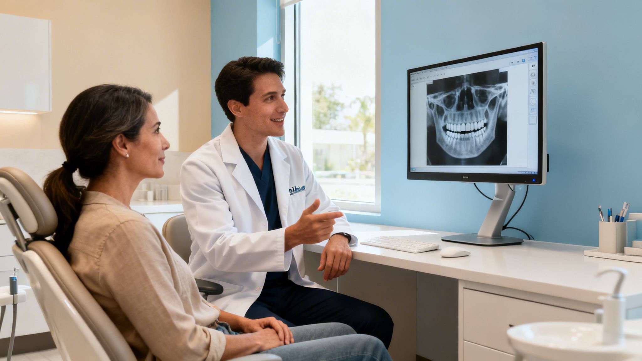 Charles E. Boren | Your Guide to the Cost of Braces in Houston, TX Dentist shows a female patient a panoramic dental X-ray on a computer screen.