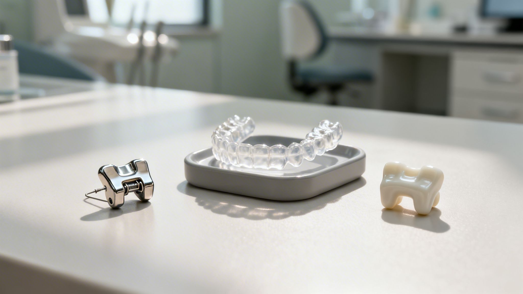 Charles E. Boren | Your Guide to the Cost of Braces in Houston, TX Close-up of a clear aligner, metal bracket, and ceramic brace on a dental office counter.