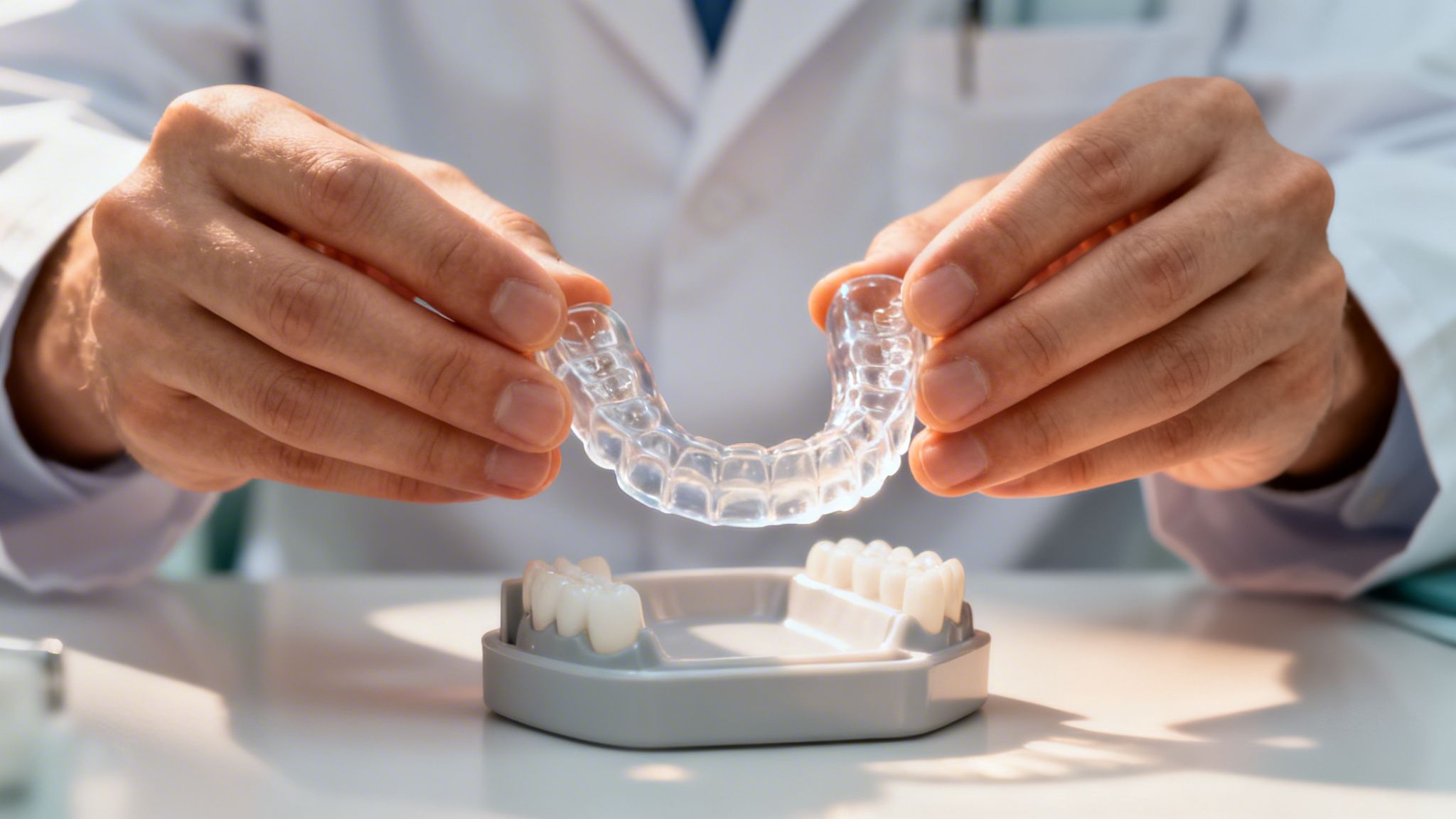 Charles E. Boren | Finding Relief from TMJ Migraines: Your Dentist in Bellaire, TX Dentist holds clear invisible dental aligner above a white teeth model on a table.