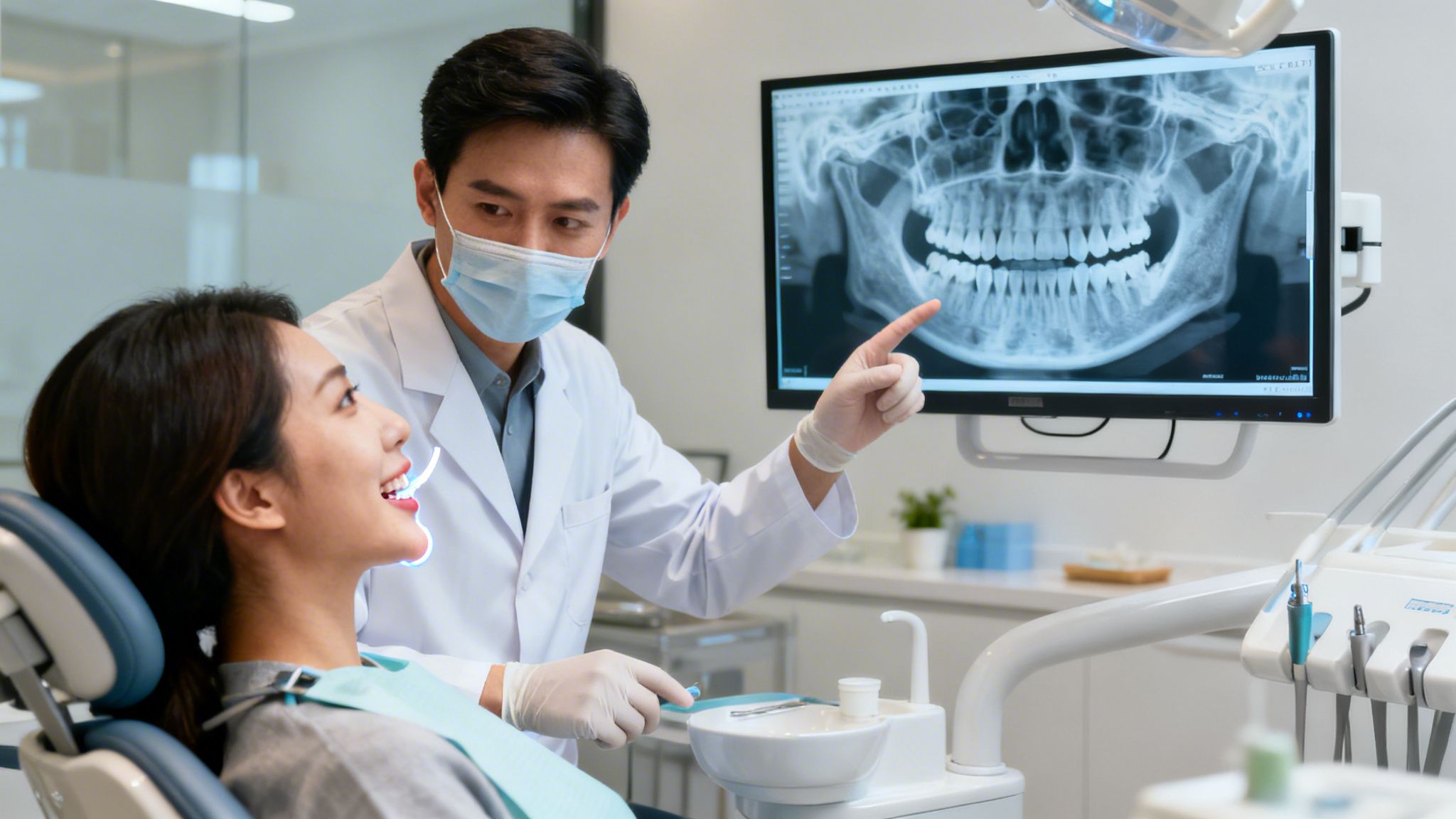 Charles E. Boren | Finding Relief from TMJ Migraines: Your Dentist in Bellaire, TX A male dentist explains a panoramic dental X-ray to a female patient in a modern dental office.