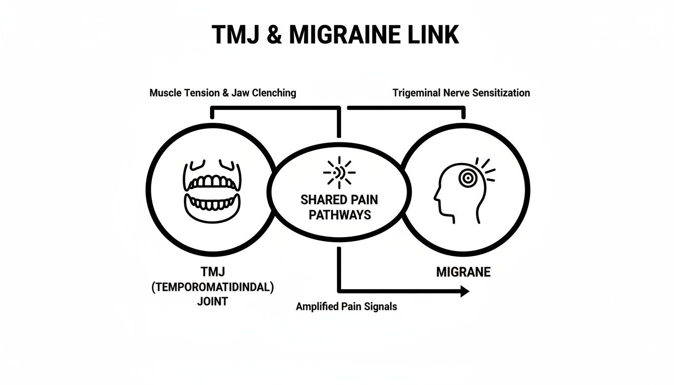 Charles E. Boren | Finding Relief from TMJ Migraines: Your Dentist in Bellaire, TX Diagram illustrating the link between TMJ, muscle tension, trigeminal nerve sensitization, and amplified migraine pain.
