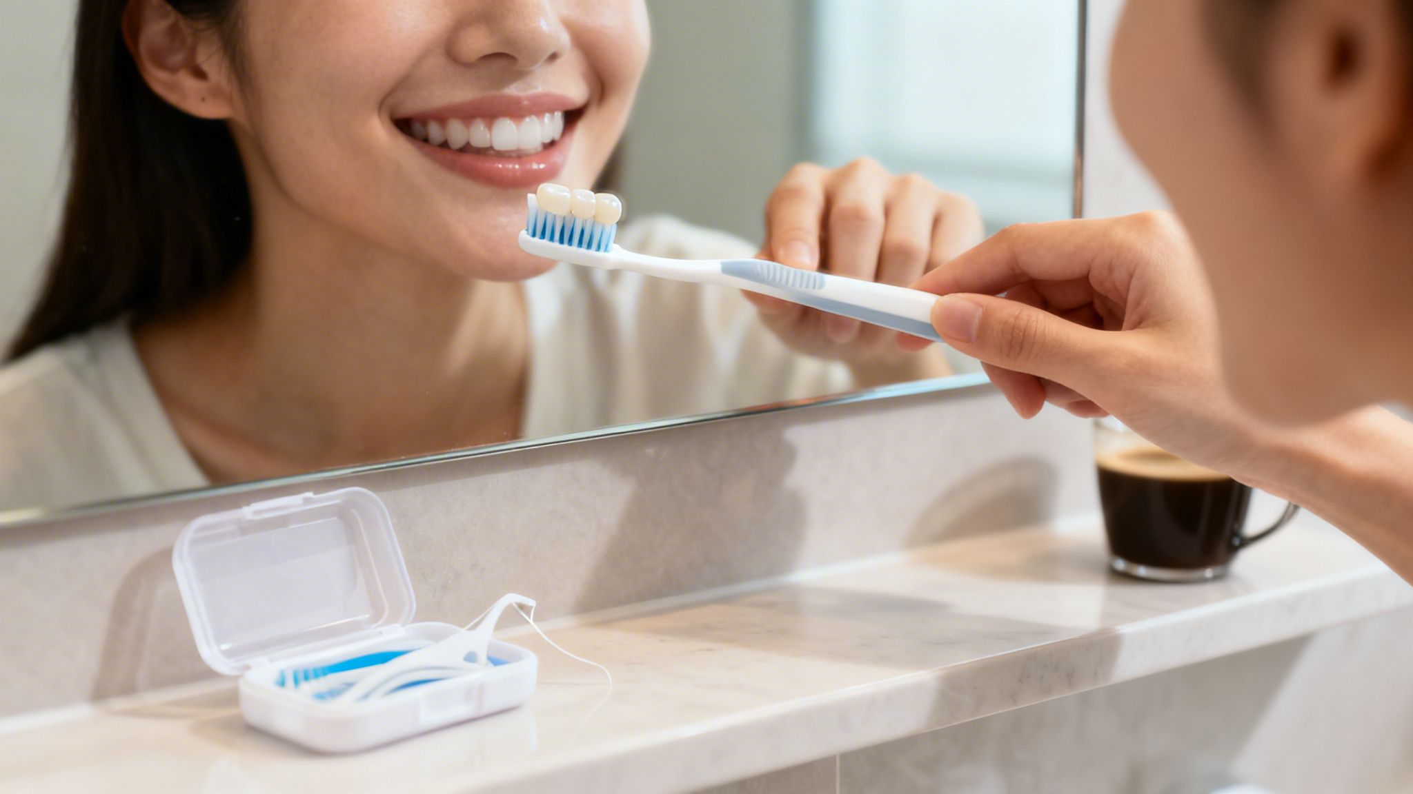 Charles E. Boren | Your Guide to Composite Bonding in Houston, TX for a Flawless Smile in 2026 Smiling person brushes their teeth in front of a mirror, preparing for oral hygiene.