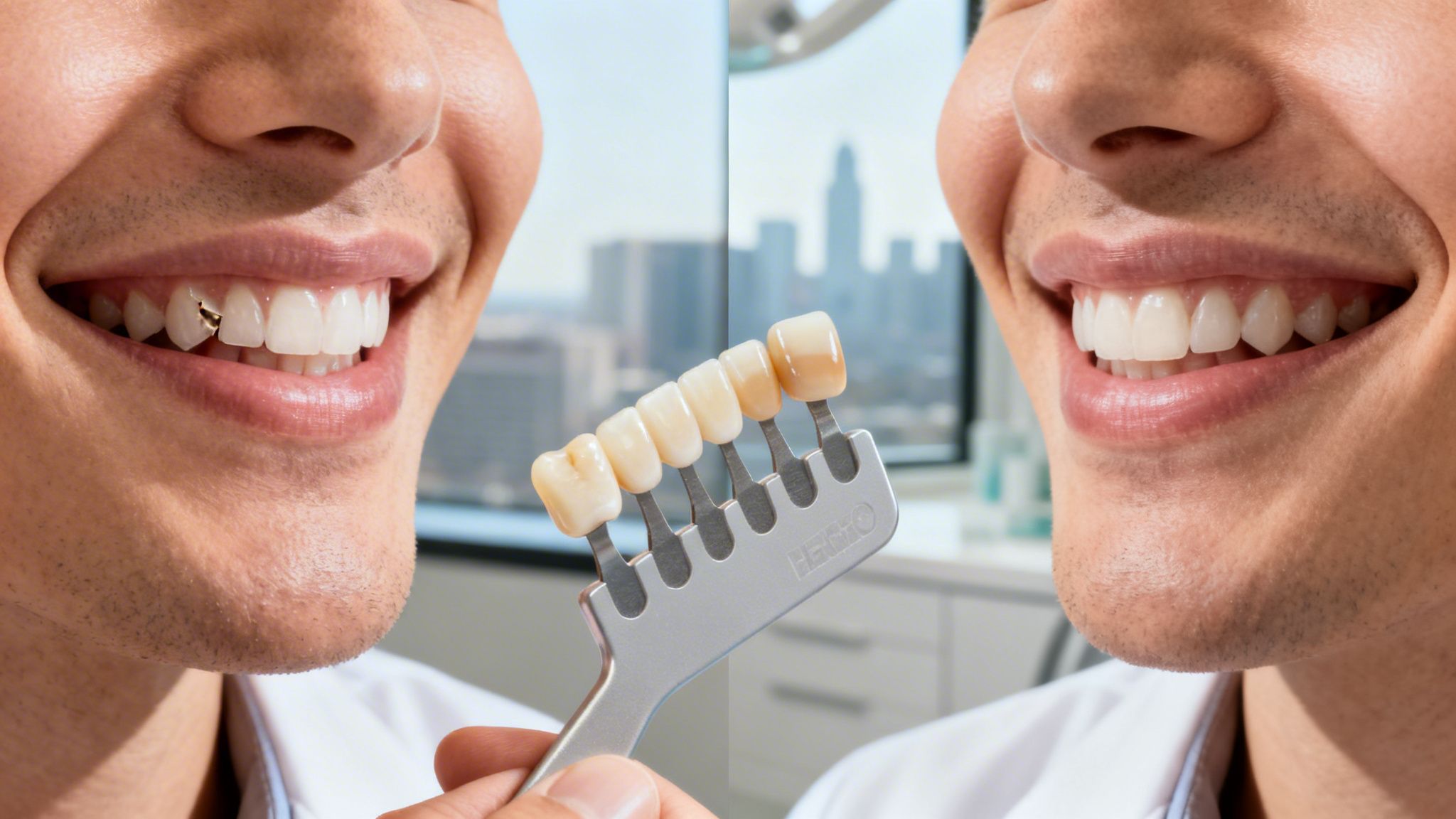 Charles E. Boren | Your Guide to Composite Bonding in Houston, TX for a Flawless Smile in 2026 Before and after composite bonding shows a man's broken tooth fixed to a perfect smile.