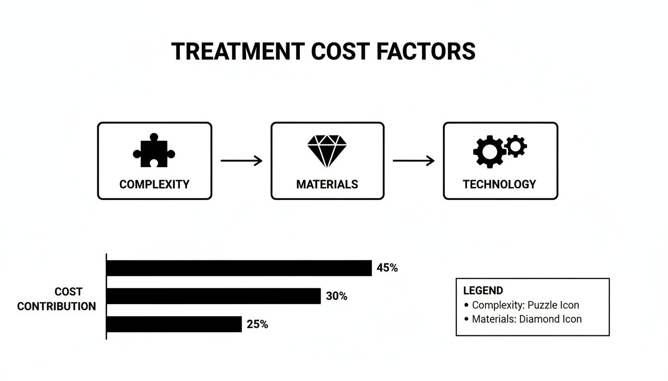 Charles E. Boren | Your Guide to Dental Procedure Cost in Bellaire Diagram showing treatment cost factors: complexity (45%), materials (30%), and technology (25%).