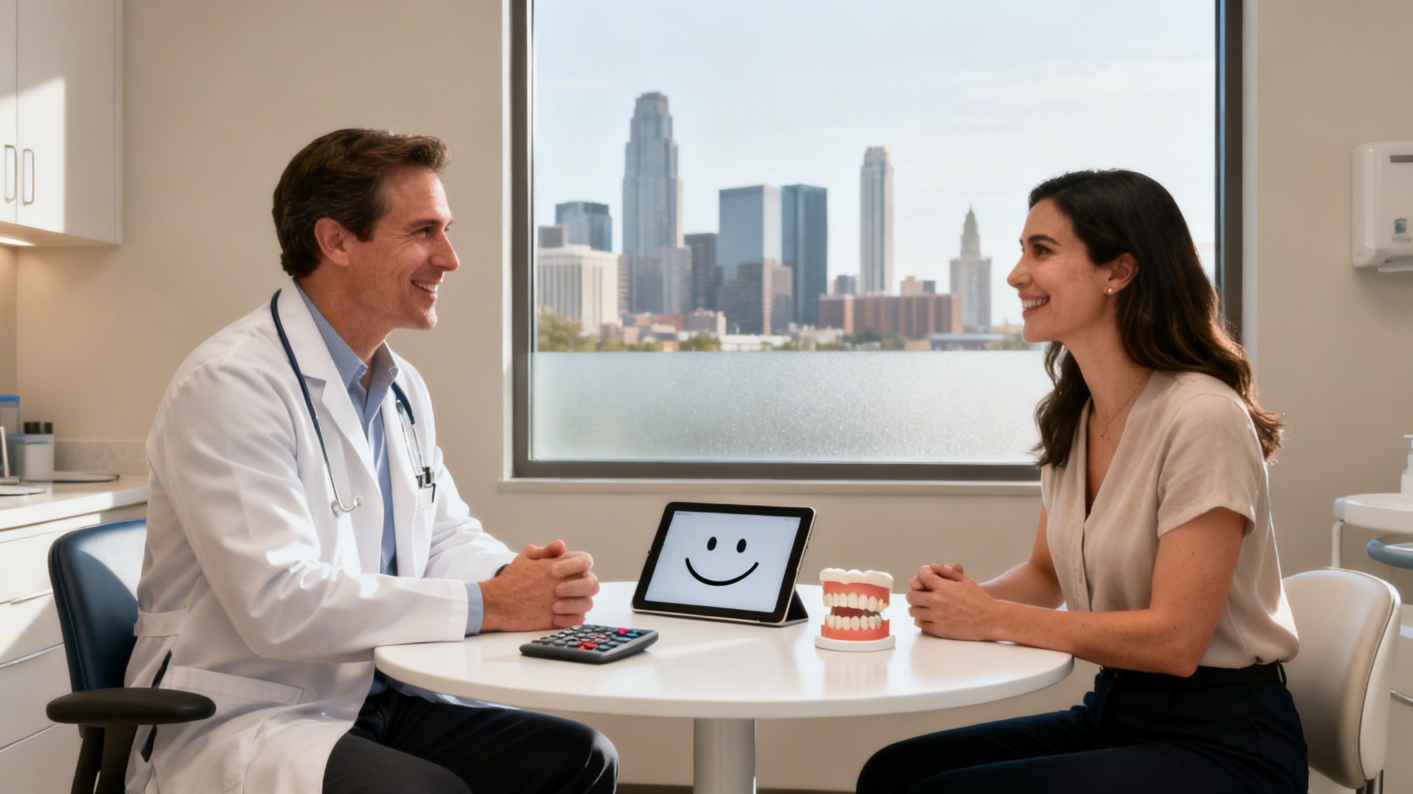 Charles E. Boren | Your Guide to Dental Procedure Cost in Bellaire A smiling male doctor discusses dental care with a female patient in a modern office.