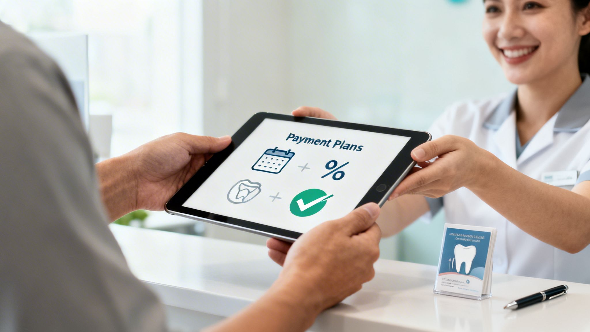 Charles E. Boren | Your Guide to Dental Procedure Cost in Bellaire A dental professional and patient discuss payment plans on a tablet, showing options for scheduled payments and discounts.