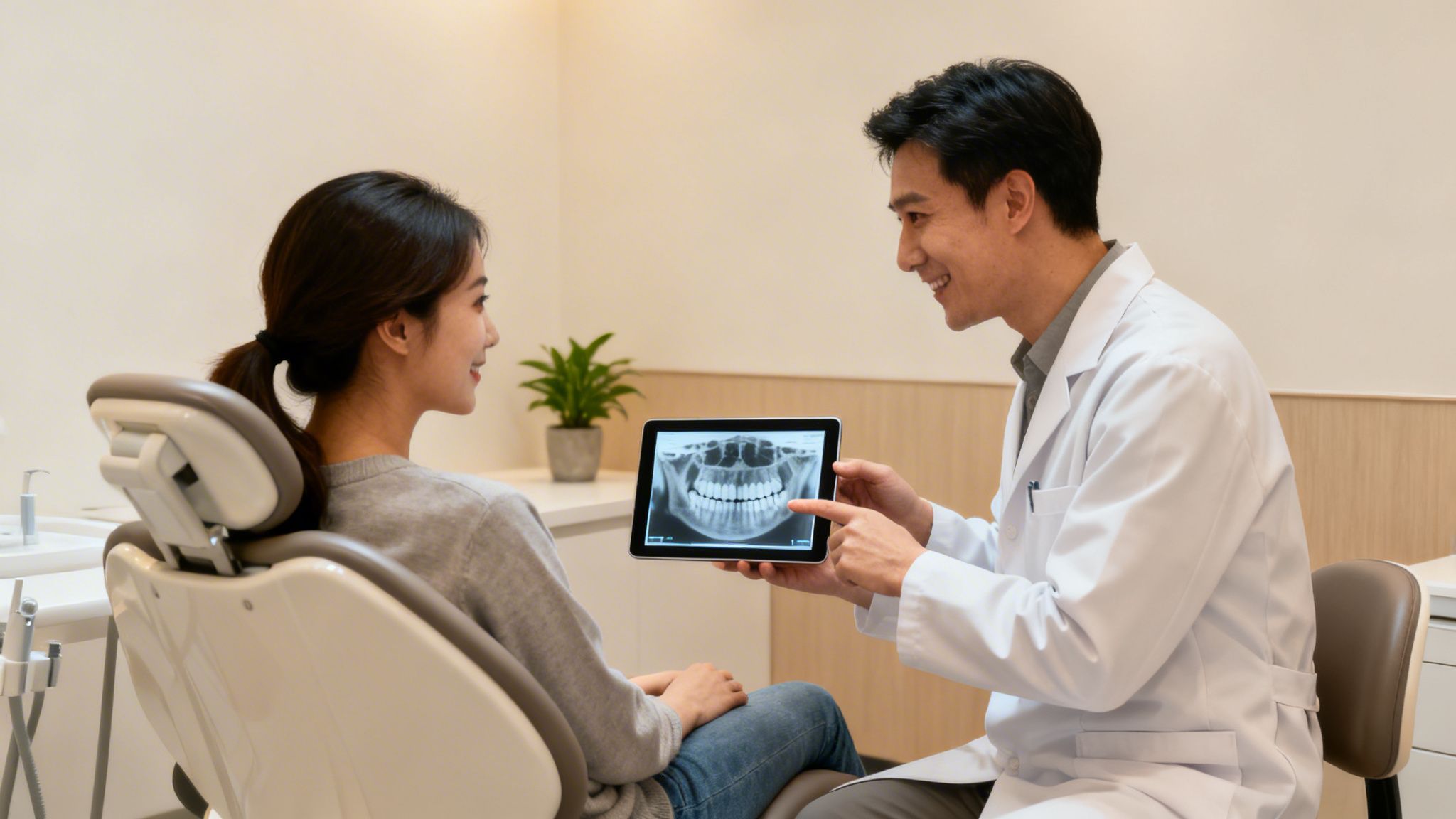 Charles E. Boren | Your Guide to Extracted Tooth Replacement in Bellaire, TX A smiling dentist shows a dental X-ray on a tablet to a patient in a clinic.