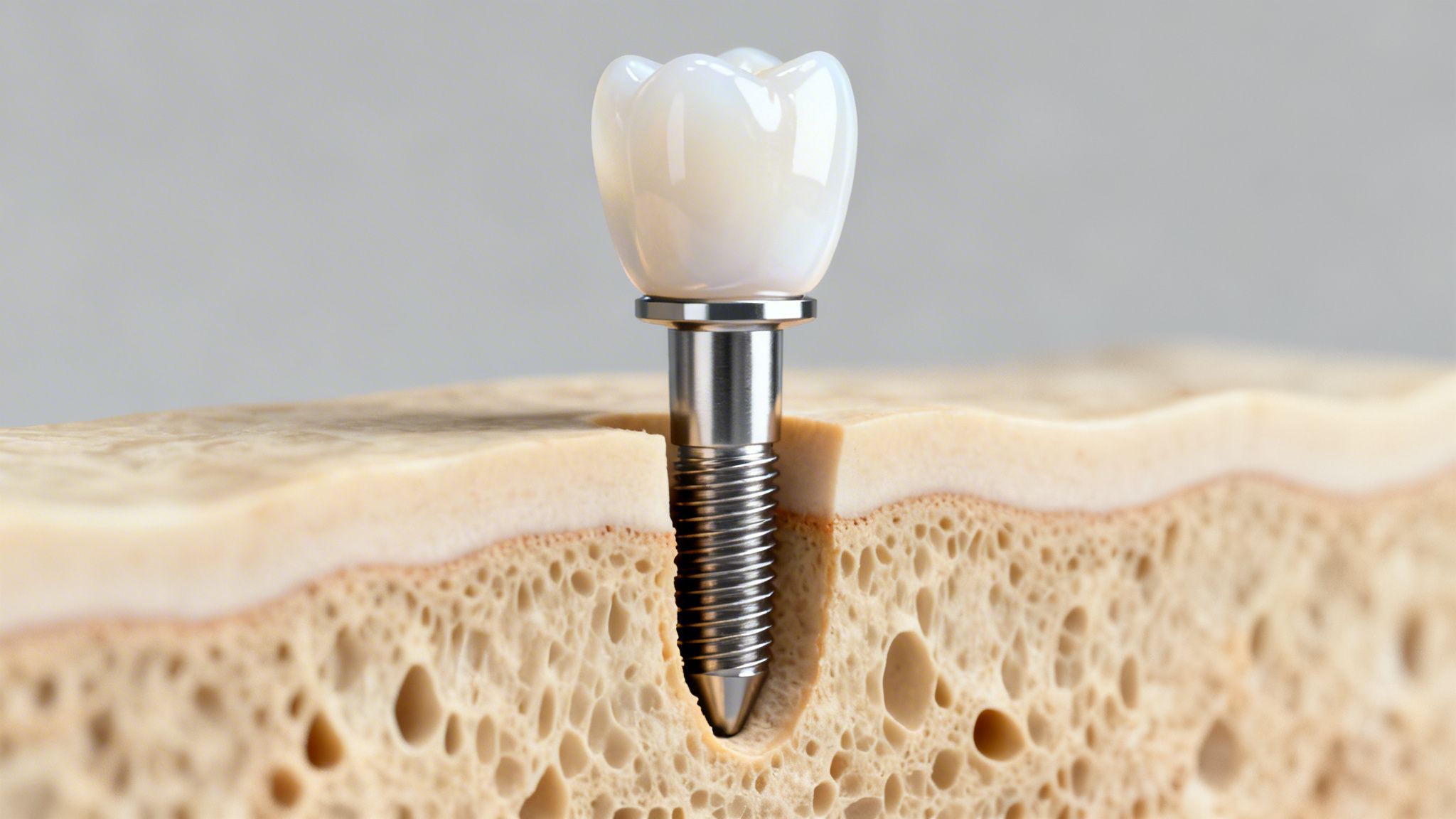 Charles E. Boren | Your Guide to Extracted Tooth Replacement in Bellaire, TX Detailed model of a dental implant, featuring the crown, abutment, and titanium post inserted into the bone.