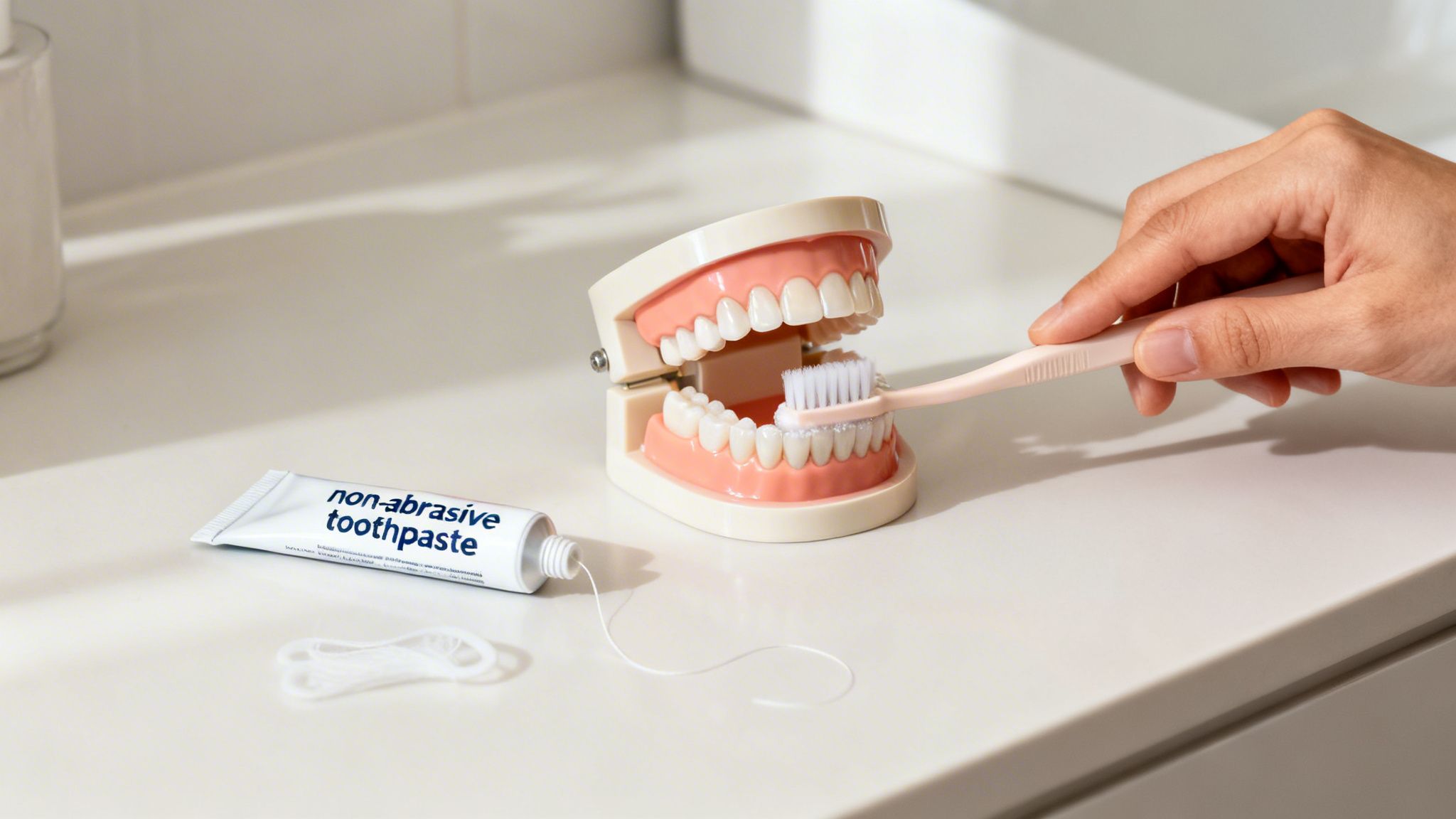 Charles E. Boren | Cosmetic Dentist Near Me: How Long Do Dental Veneers Last in Bellaire, TX? A hand demonstrates brushing teeth on a dental model with non-abrasive toothpaste and floss.