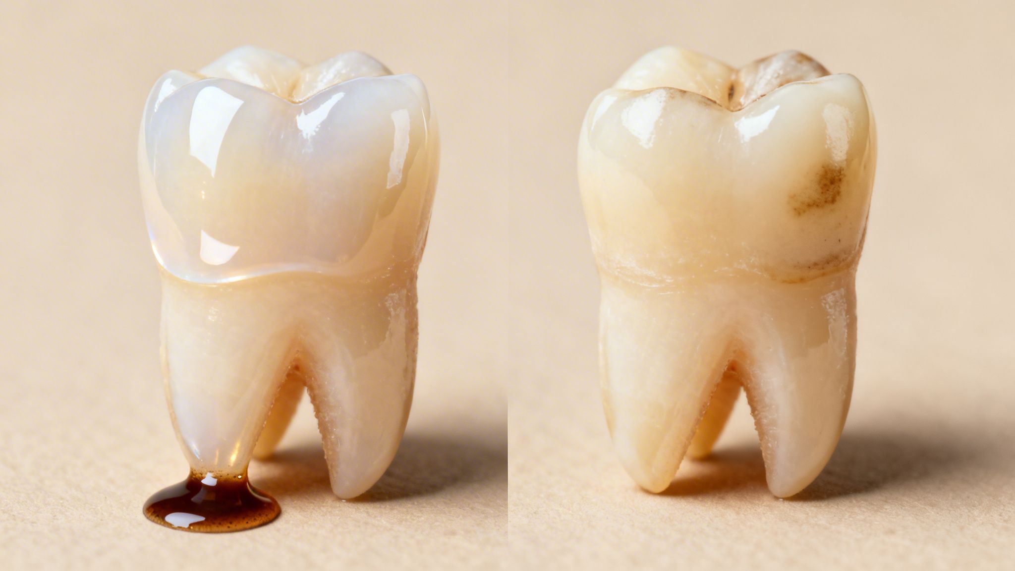 Charles E. Boren | Cosmetic Dentist Near Me: How Long Do Dental Veneers Last in Bellaire, TX? Two human teeth side-by-side, one with a shiny surface and dark liquid, the other showing natural wear and stains.