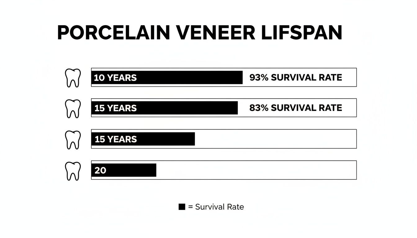 Charles E. Boren | Cosmetic Dentist Near Me: How Long Do Dental Veneers Last in Bellaire, TX? A chart detailing porcelain veneer lifespan with survival rates over 10, 15, and 20 years.