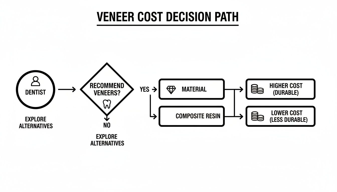 Charles E. Boren | How Much Do Veneers Cost in Bellaire, TX? A clear flowchart illustrating the veneer cost decision path, from dentist recommendation to material and cost.