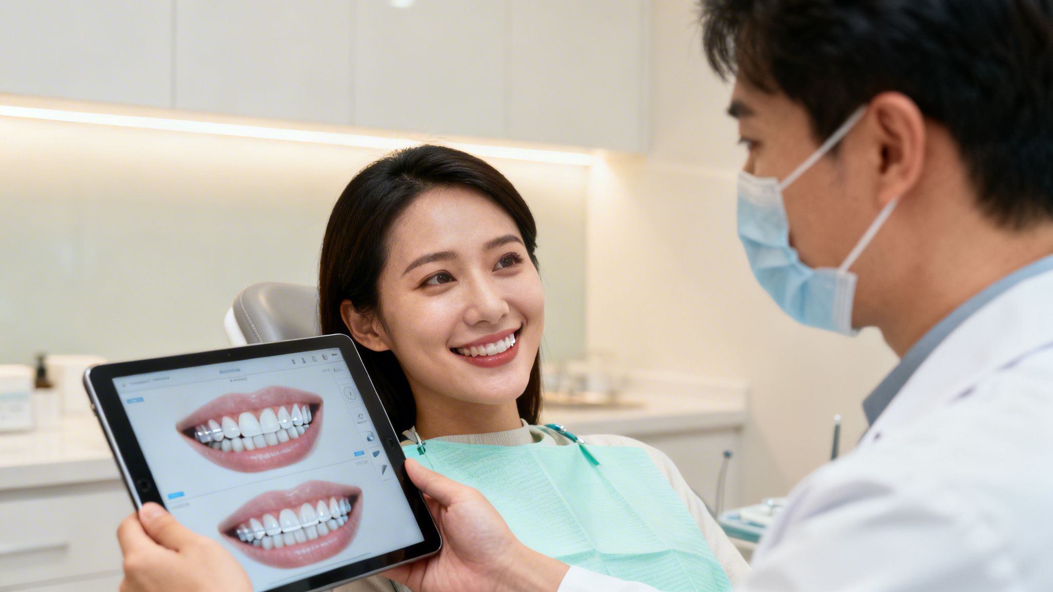 Charles E. Boren | How Much Do Veneers Cost in Bellaire, TX? Dentist shows a smiling patient digital images of teeth with different orthodontic options on a tablet.