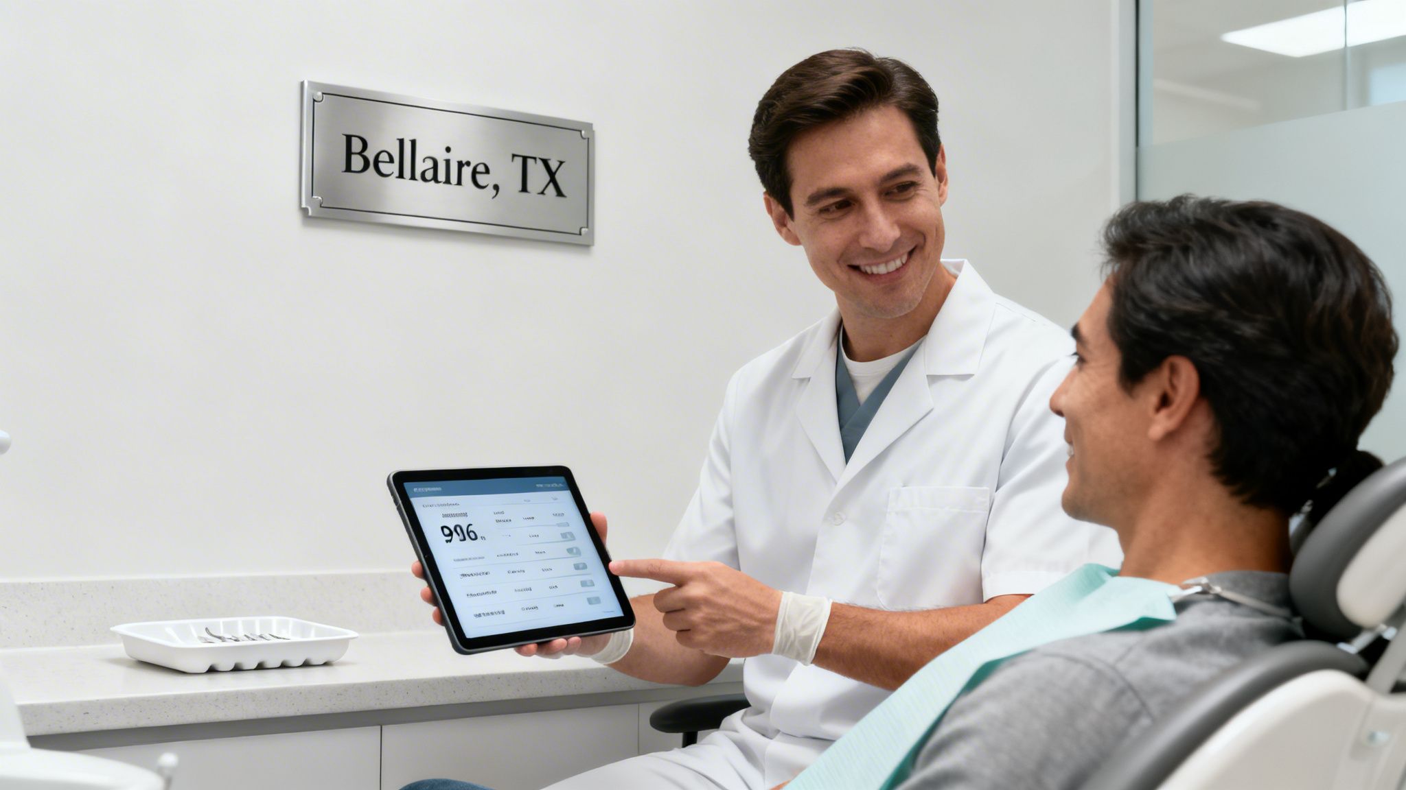 Charles E. Boren | How Much Do Veneers Cost in Bellaire, TX? A smiling dentist in a white coat shows a tablet to a male patient in a modern dental office.