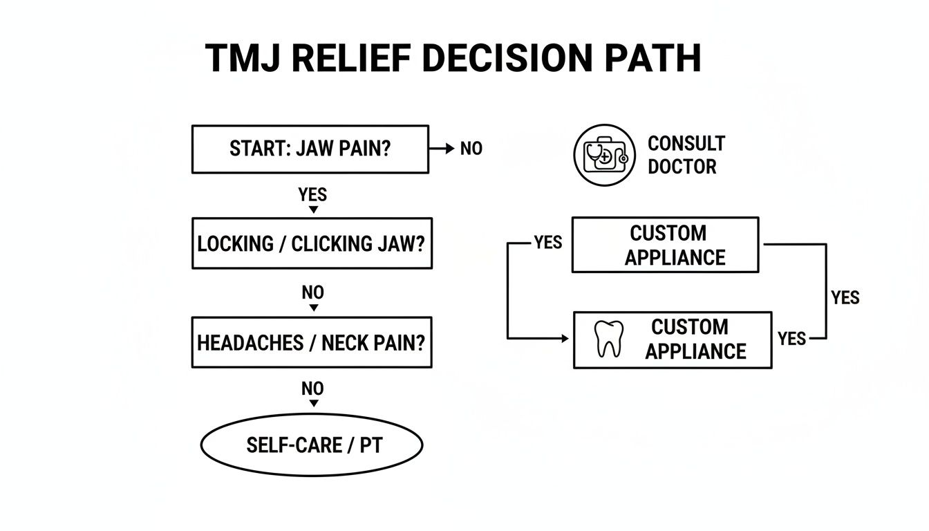 Charles E. Boren | Find TMJ Relief With an Oral Appliance in Bellaire, TX TMJ relief decision path flowchart outlining steps from jaw pain to self-care, doctor consultation, or custom appliances.