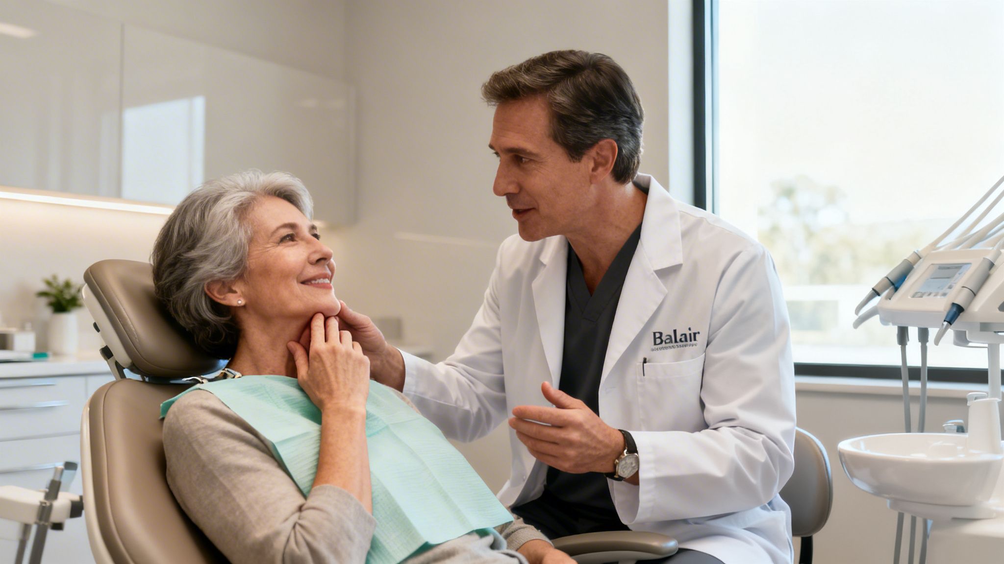 Charles E. Boren | Find TMJ Relief With an Oral Appliance in Bellaire, TX Smiling senior woman in a dental chair with a male dentist examining her jaw.