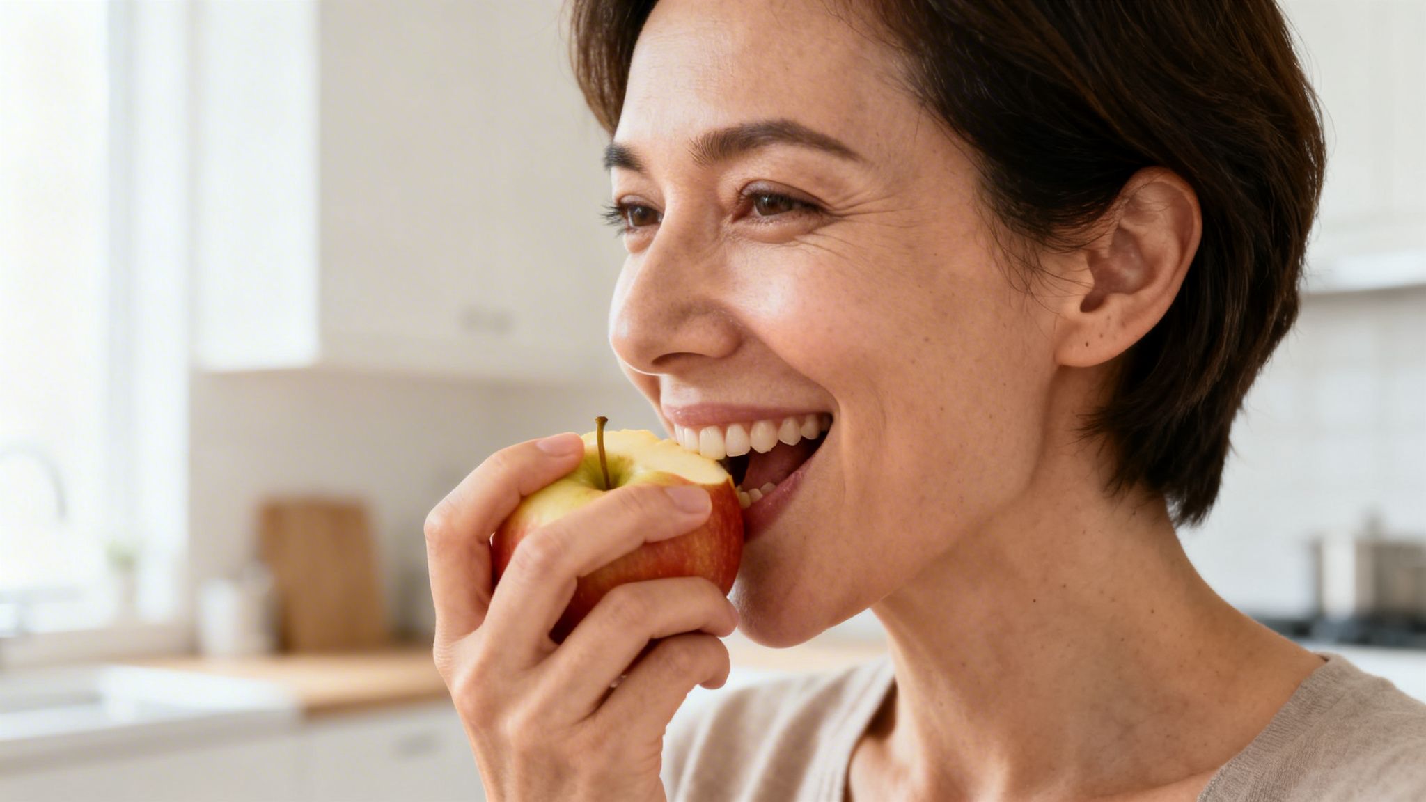 Charles E. Boren | Find TMJ Relief With an Oral Appliance in Bellaire, TX A smiling woman joyfully bites into a fresh red apple in a bright kitchen.