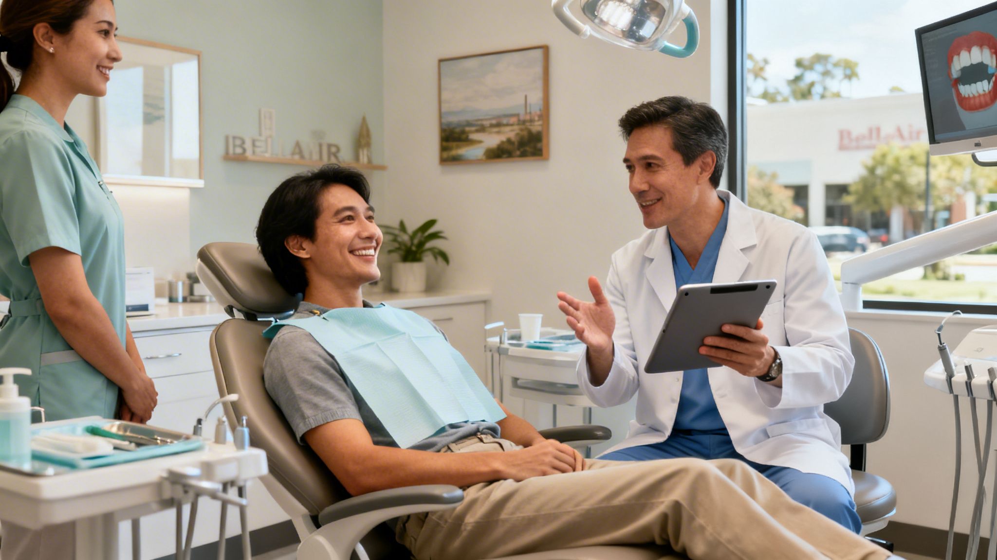 Charles E. Boren | Post And Crown Vs Implant: A Bellaire Patient’s Guide A dentist and assistant consult a smiling patient in a modern dental office with a digital dental model.