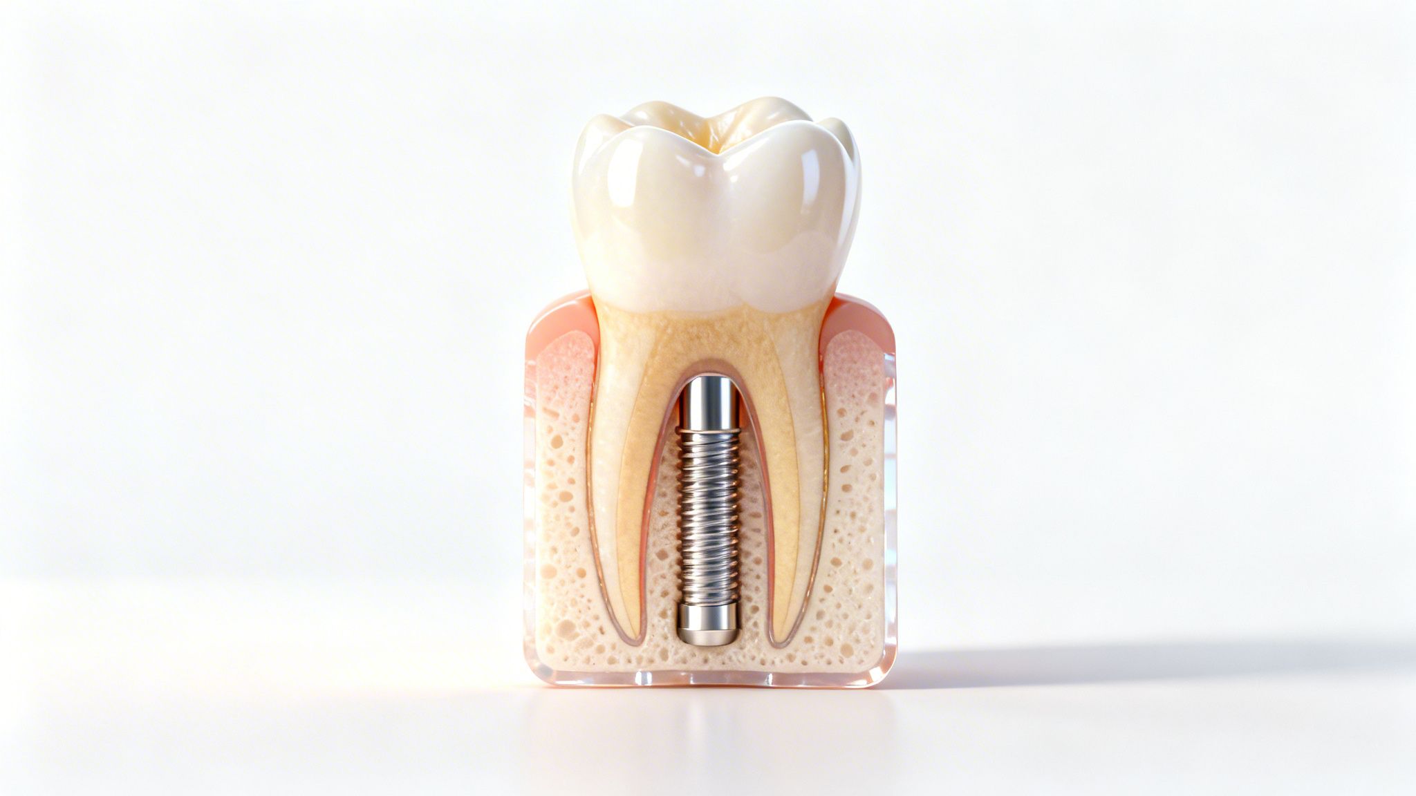 Charles E. Boren | Post And Crown Vs Implant: A Bellaire Patient’s Guide 3D cutaway showing a dental implant supporting a crown, embedded in jawbone and gum.