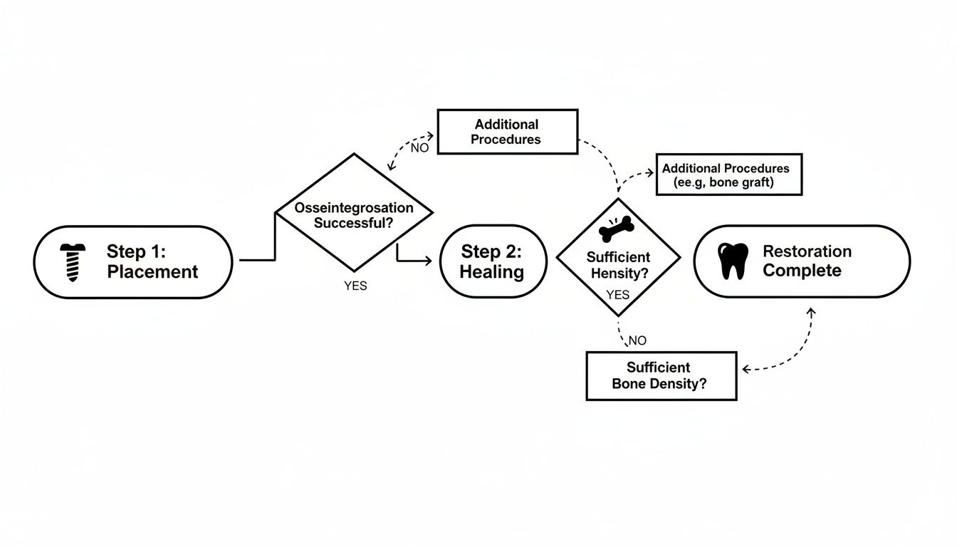Charles E. Boren | Post And Crown Vs Implant: A Bellaire Patient’s Guide Flowchart detailing the dental implant procedure, including placement, healing, osseointegration, and bone density checks.