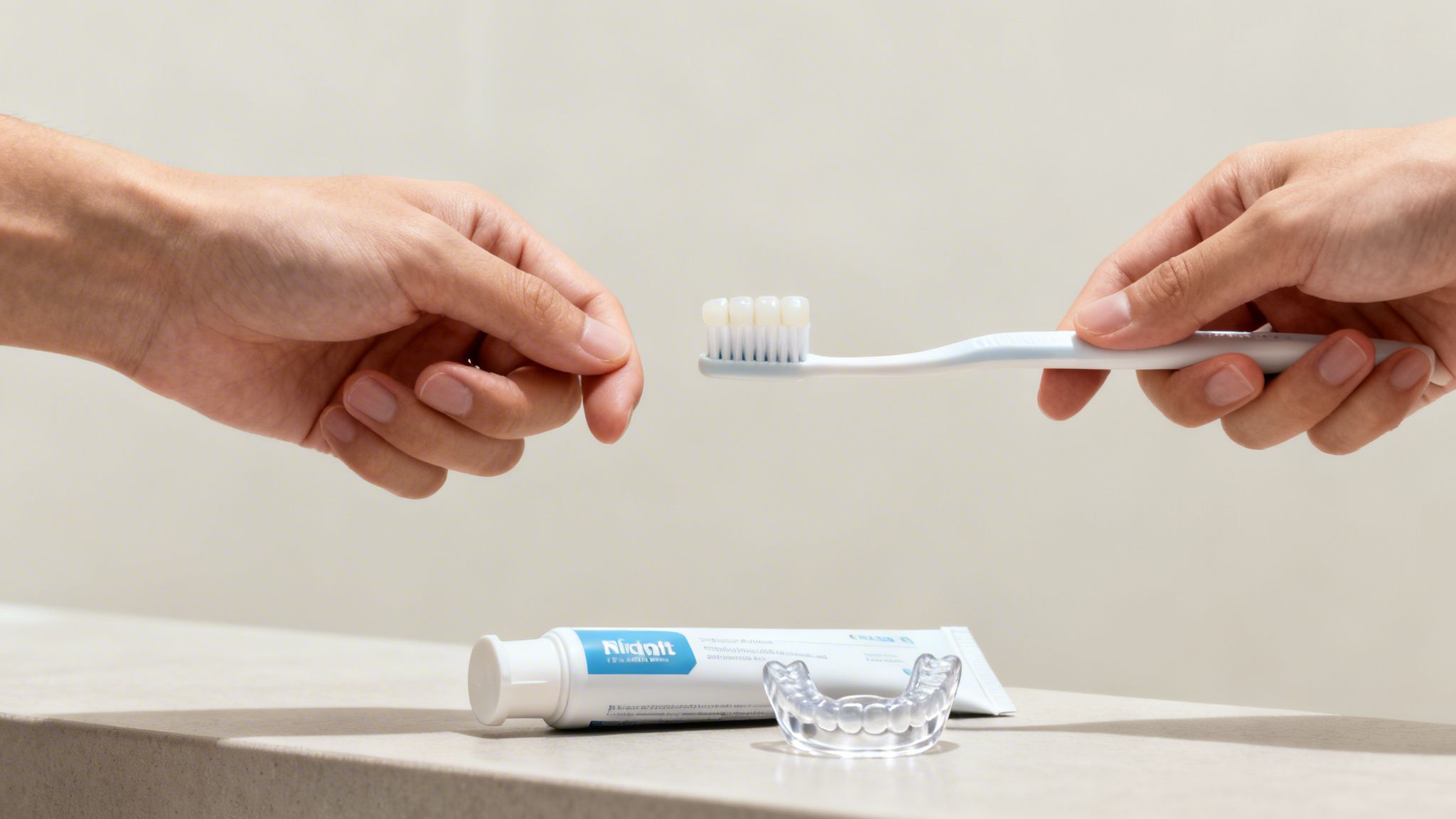 Charles E. Boren | Your Guide to the Veneers for Teeth Procedure in Bellaire, TX Hands holding a toothbrush, next to toothpaste and a clear dental aligner on a surface.