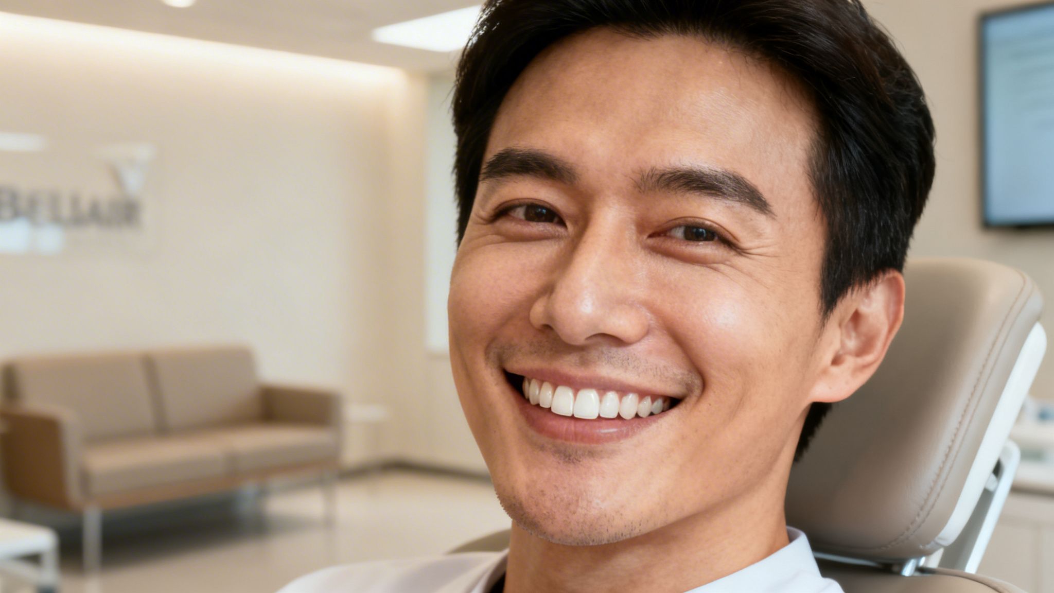 Charles E. Boren | Your Guide to the Veneers for Teeth Procedure in Bellaire, TX Close-up of a happy Asian man smiling confidently, showcasing his bright white teeth in a dental office.