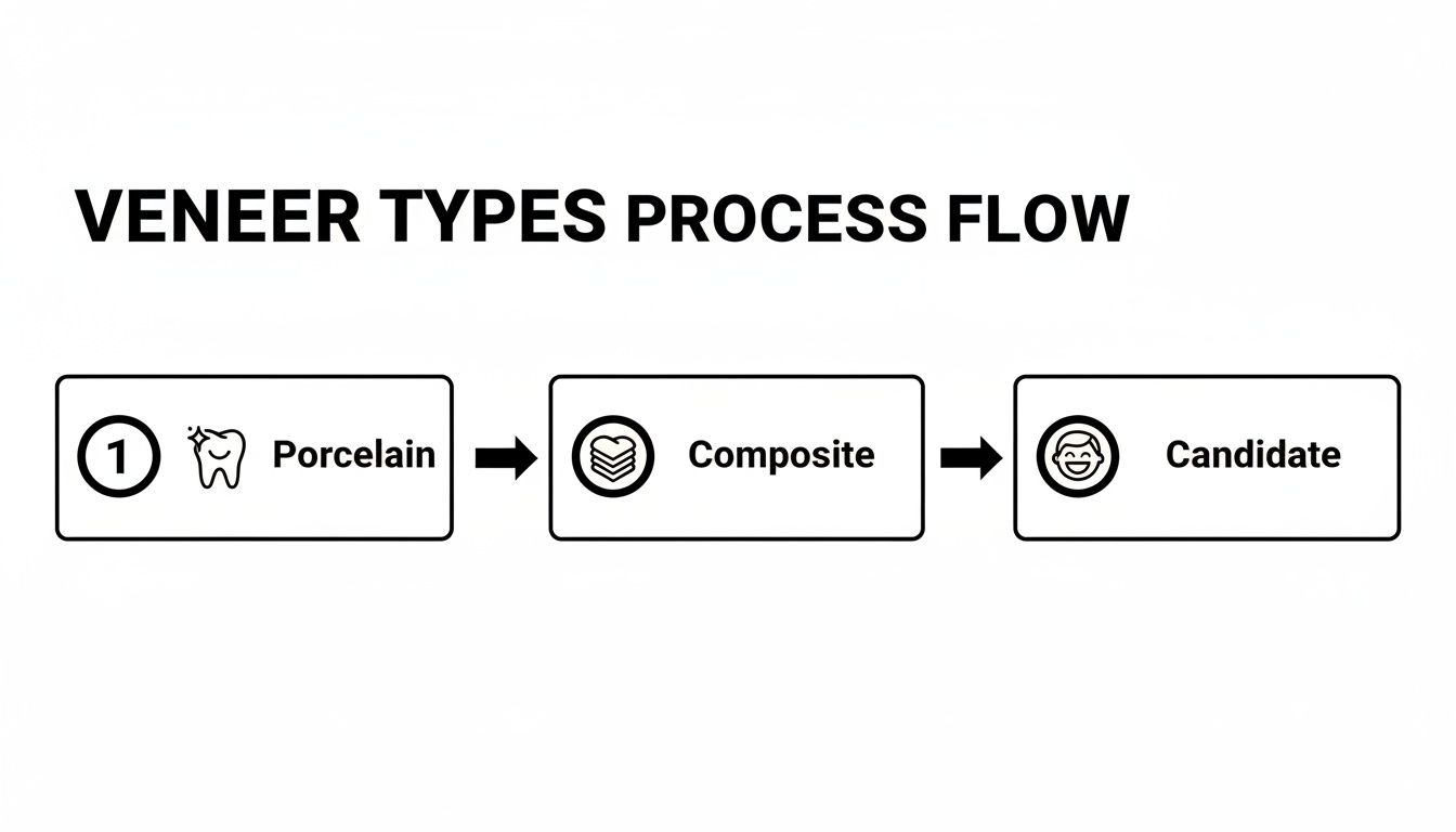 Charles E. Boren | Your Guide to the Veneers for Teeth Procedure in Bellaire, TX A clear process flow diagram outlining different veneer types: Porcelain, Composite, and Candidate.
