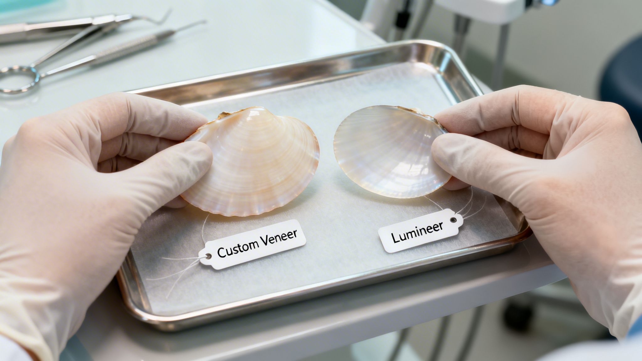 Charles E. Boren | Cosmetic Dentist in Bellaire, TX: Veneers vs Lumineers Cost Guide Gloved hands comparing two delicate shell-like dental veneers, labeled 'Custom Veneer' and 'Lumineer', on a sterile tray.