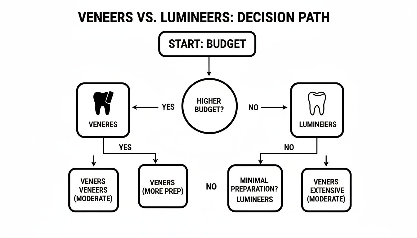 Charles E. Boren | Cosmetic Dentist in Bellaire, TX: Veneers vs Lumineers Cost Guide Decision path flowchart comparing veneers versus lumineers based on budget and preparation types.