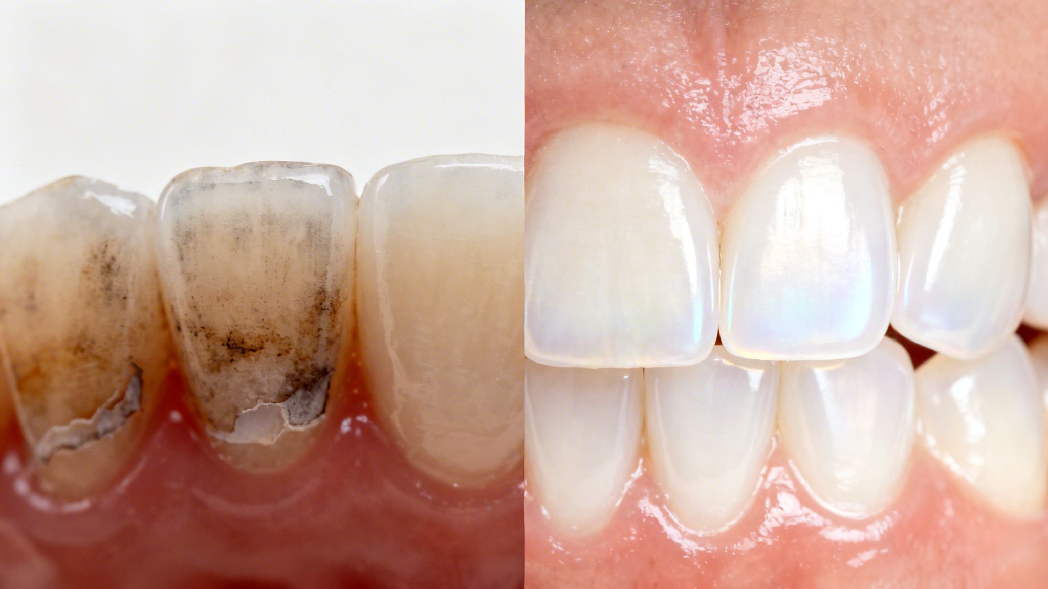 Charles E. Boren | Cosmetic Dentist in Bellaire, TX: Veneers vs Lumineers Cost Guide Before and after comparison of teeth, showing severely stained teeth on the left and beautifully whitened teeth on the right.