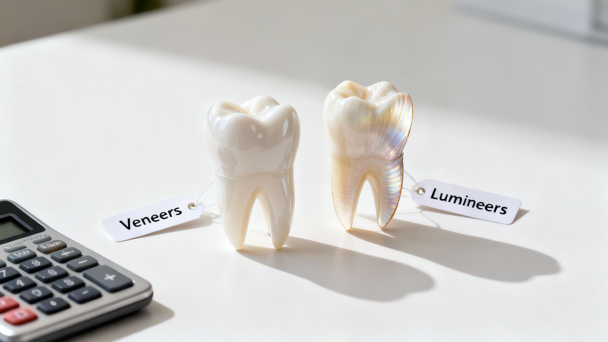 Charles E. Boren | Cosmetic Dentist in Bellaire, TX: Veneers vs Lumineers Cost Guide Two dental models, labeled 'Veneers' and 'Lumineers,' sit beside a calculator, indicating a cost comparison.