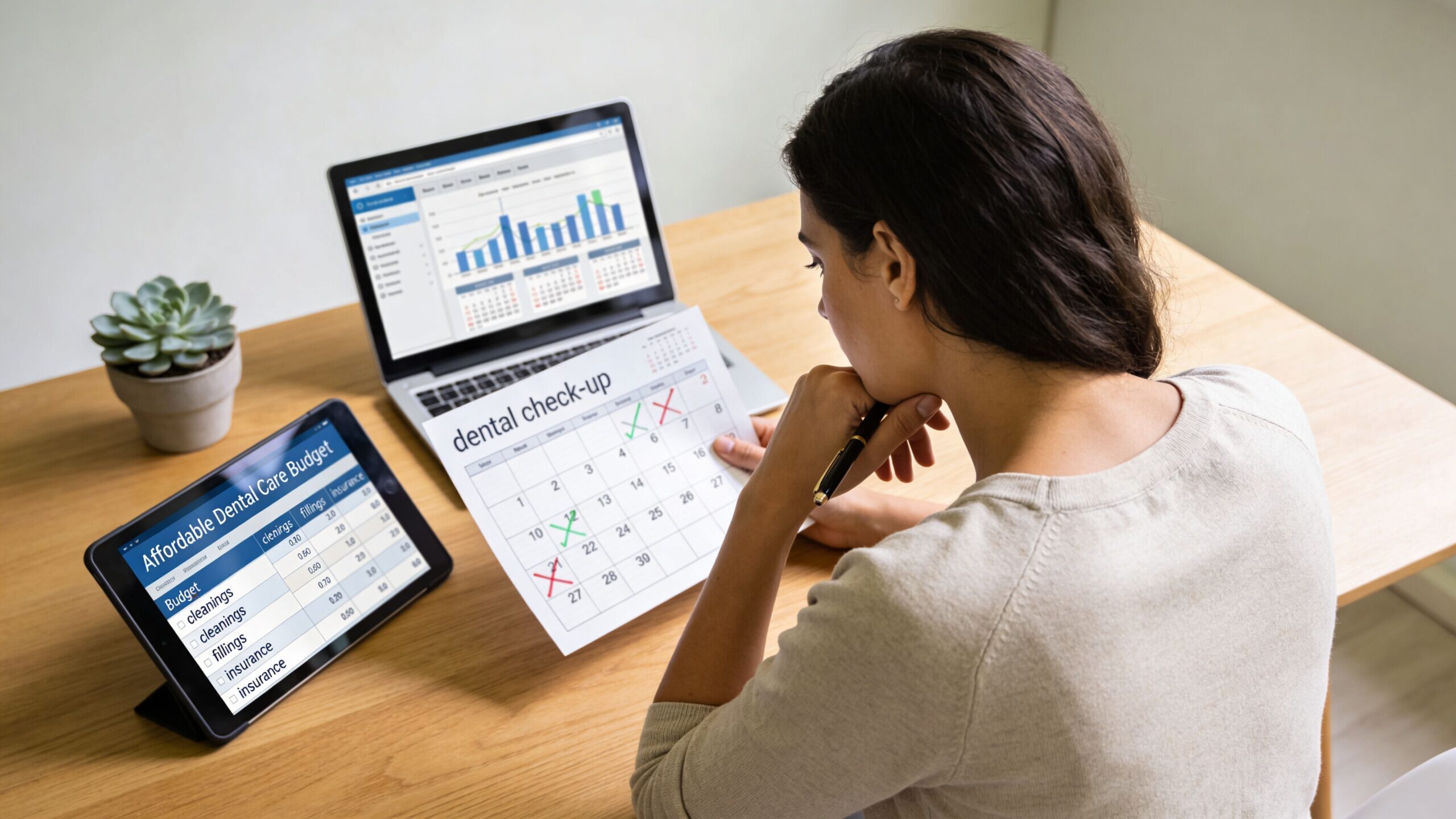 Affordable Dental Care in Houston, TX: Best Options 2 A woman reviewing her dental care budget and appointment calendar on her desk.