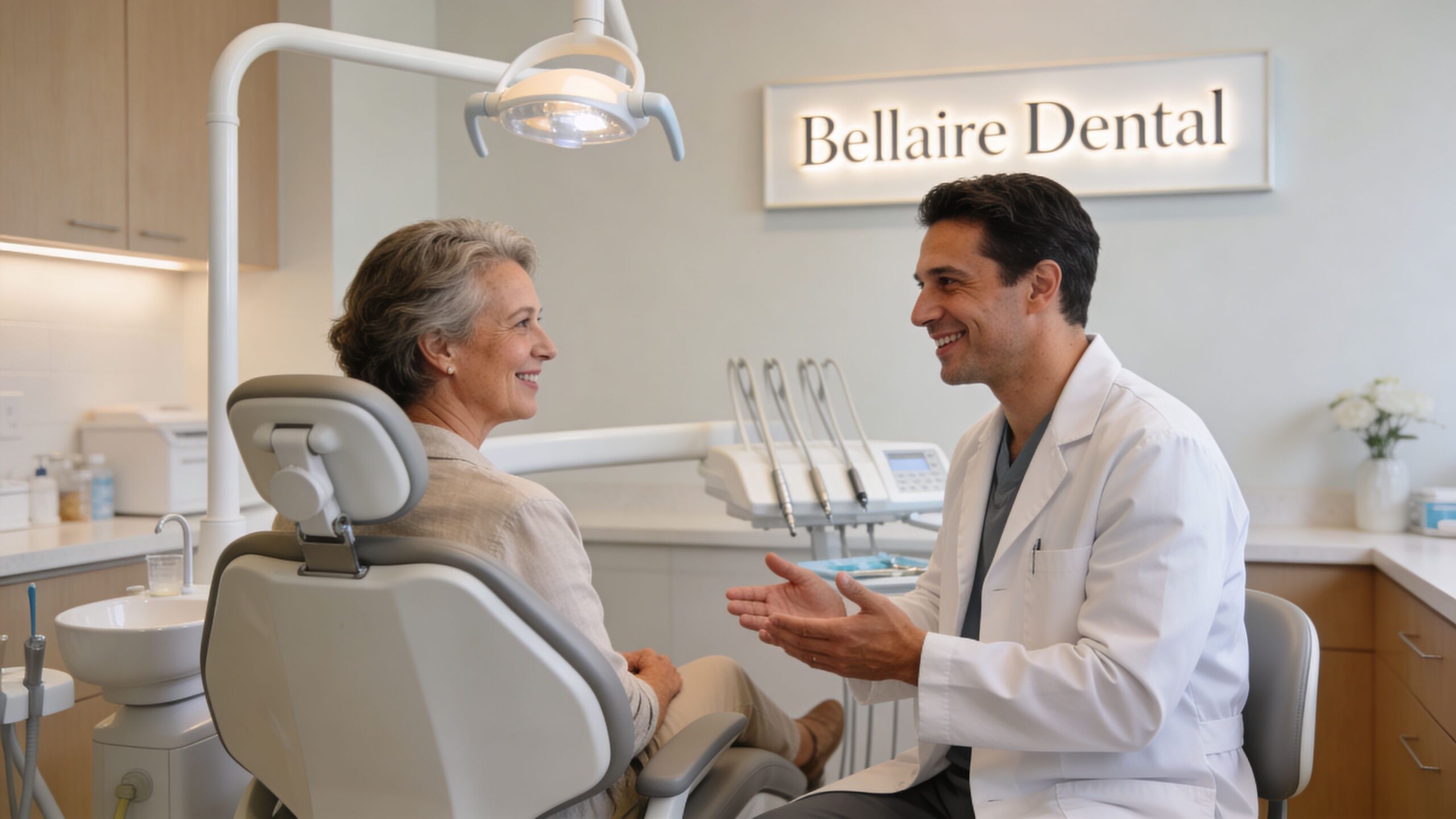 Affordable Dental Care in Houston, TX: Best Options 3 A friendly dentist explaining treatment options to a smiling senior patient in a modern dental office.