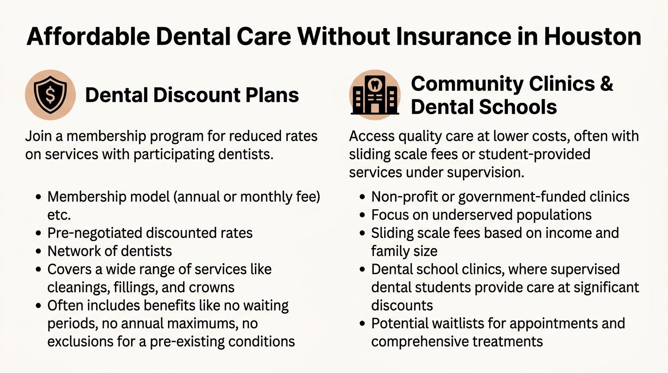 Affordable Dental Care in Houston, TX: Best Options 1 An infographic outlining affordable dental care options in Houston including discount plans and community clinics.