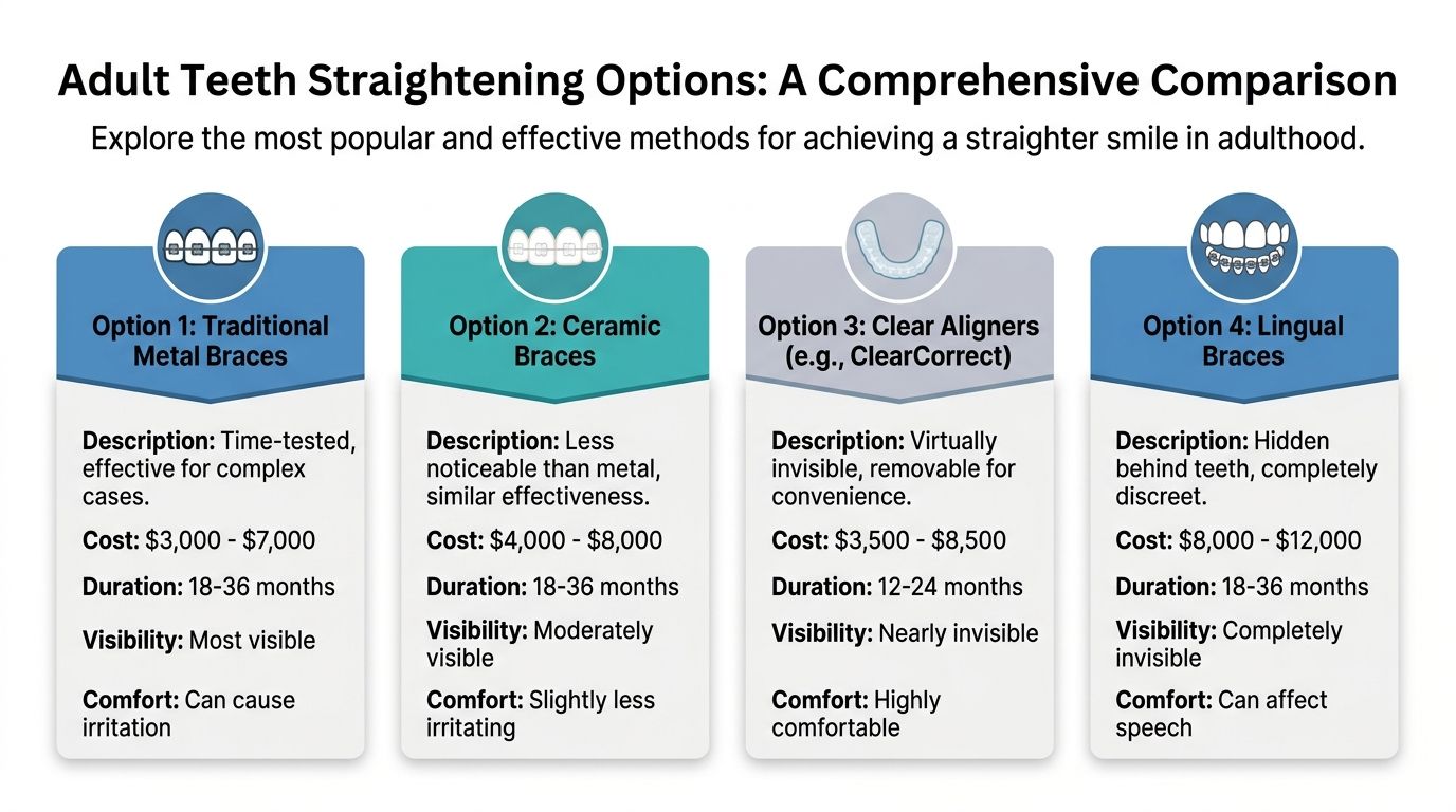 Charles E. Boren | Bellaire TX: Best Teeth Straightening Options for Adults A comparison chart outlining four common adult teeth straightening options, including their costs, durations, and comfort levels.