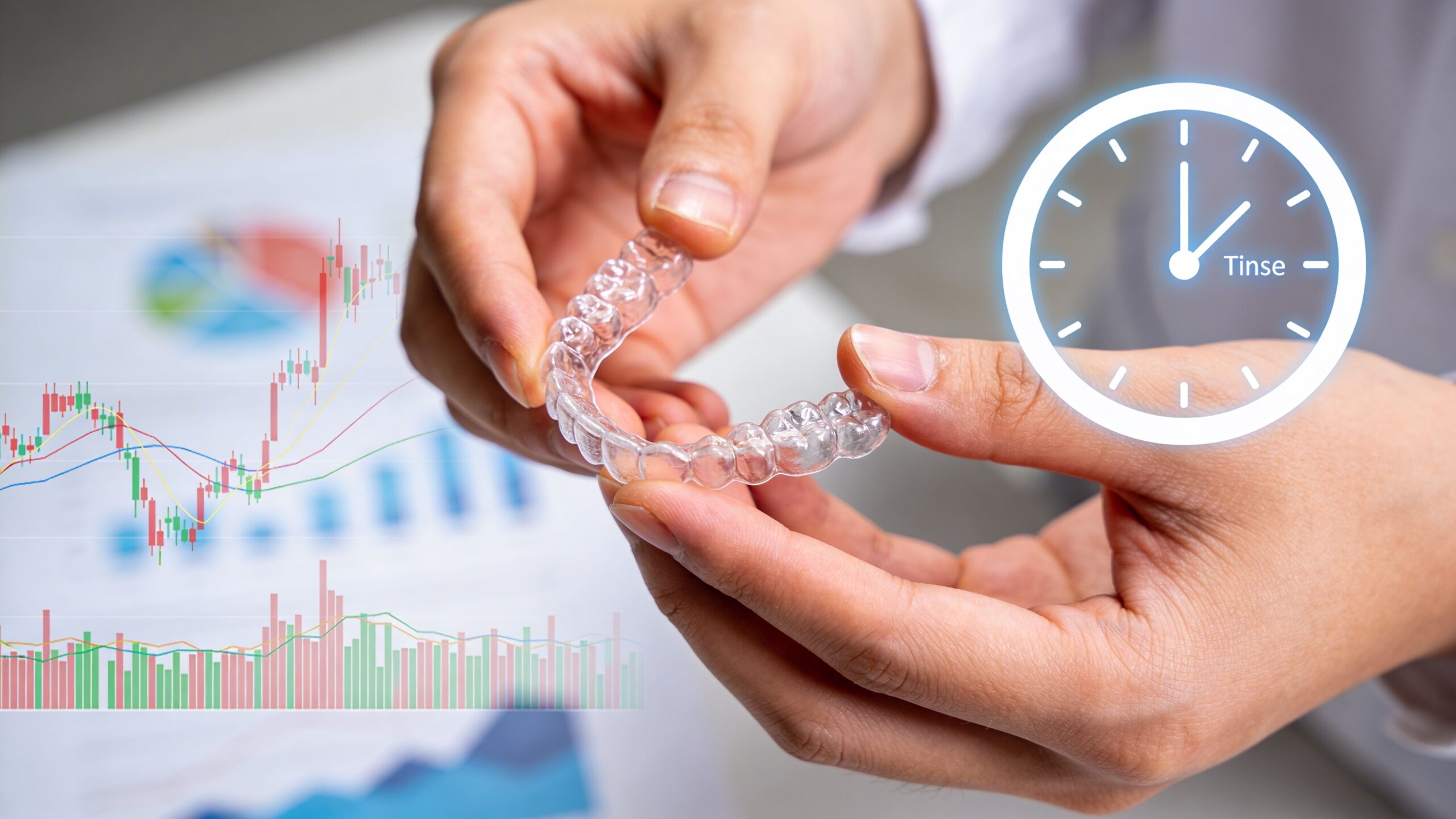 Charles E. Boren | Bellaire TX: Best Teeth Straightening Options for Adults A dentist holding a clear dental aligner with overlay graphics of a clock and financial data charts.