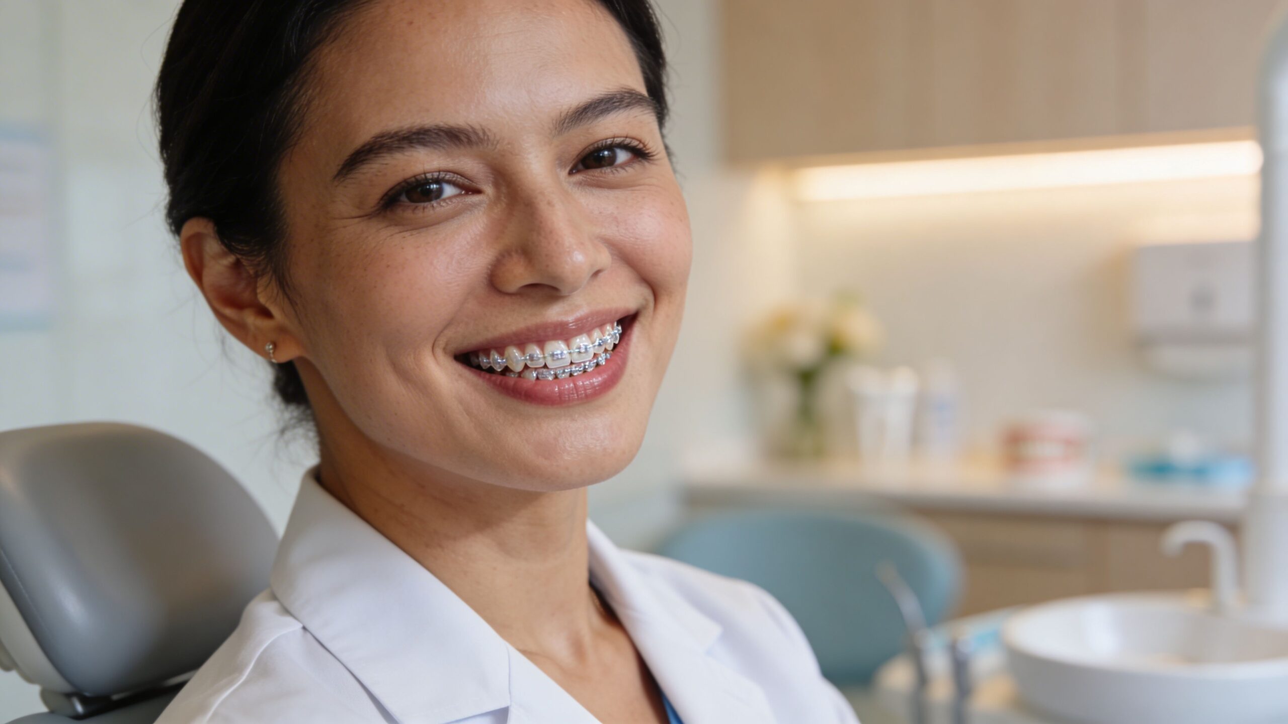 Charles E. Boren | Bellaire TX: Best Teeth Straightening Options for Adults A smiling female dentist wearing white medical coat and metal braces in a modern dental office environment.