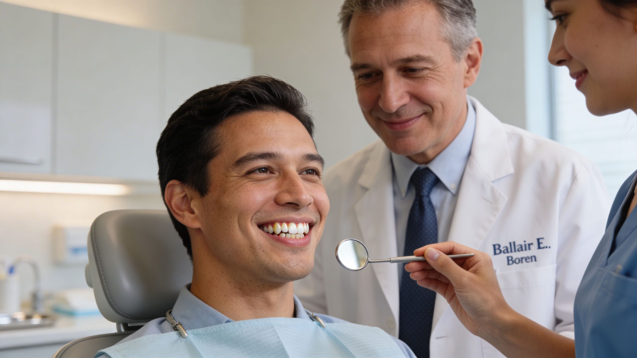 Charles E. Boren | Your Guide to a Dental Crown Bridge in Bellaire, TX: Restore Your Smile A smiling patient in a dental chair being examined by a professional dentist and assistant