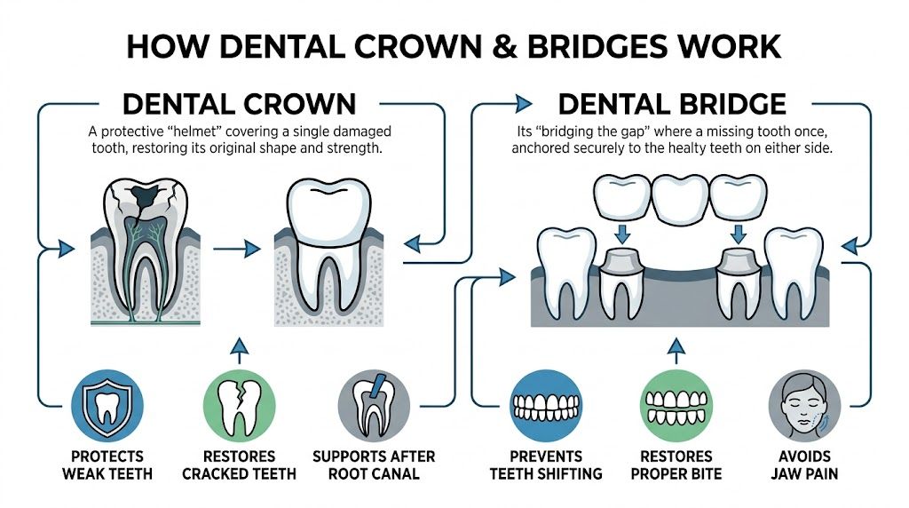 Charles E. Boren | Your Guide to a Dental Crown Bridge in Bellaire, TX: Restore Your Smile A diagram explaining how dental crowns and dental bridges restore tooth function and oral health.