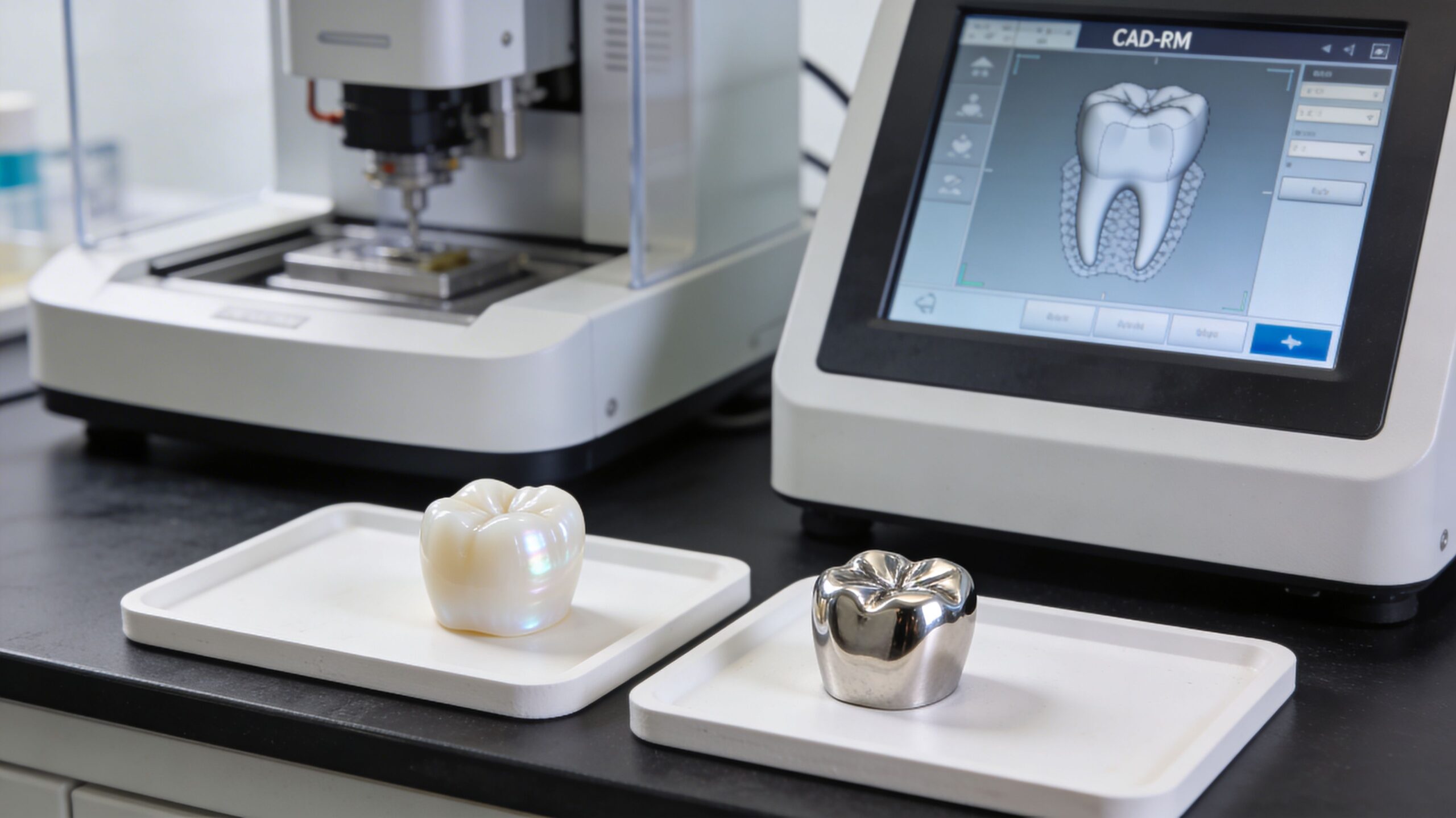 Charles E. Boren | Your Guide to a Dental Crown Bridge in Bellaire, TX: Restore Your Smile A ceramic dental crown and a metal dental crown displayed next to a dental milling machine.