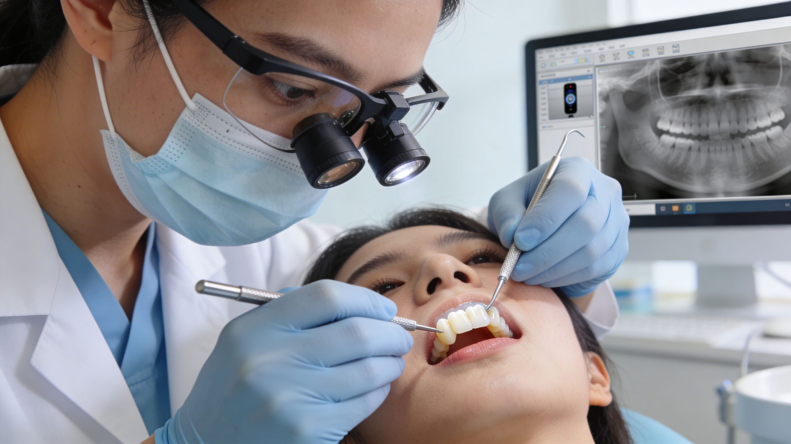 Charles E. Boren | Your Guide to a Dental Crown Bridge in Bellaire, TX: Restore Your Smile A professional dentist examining a patient's teeth with dental tools while viewing an X-ray on a computer.