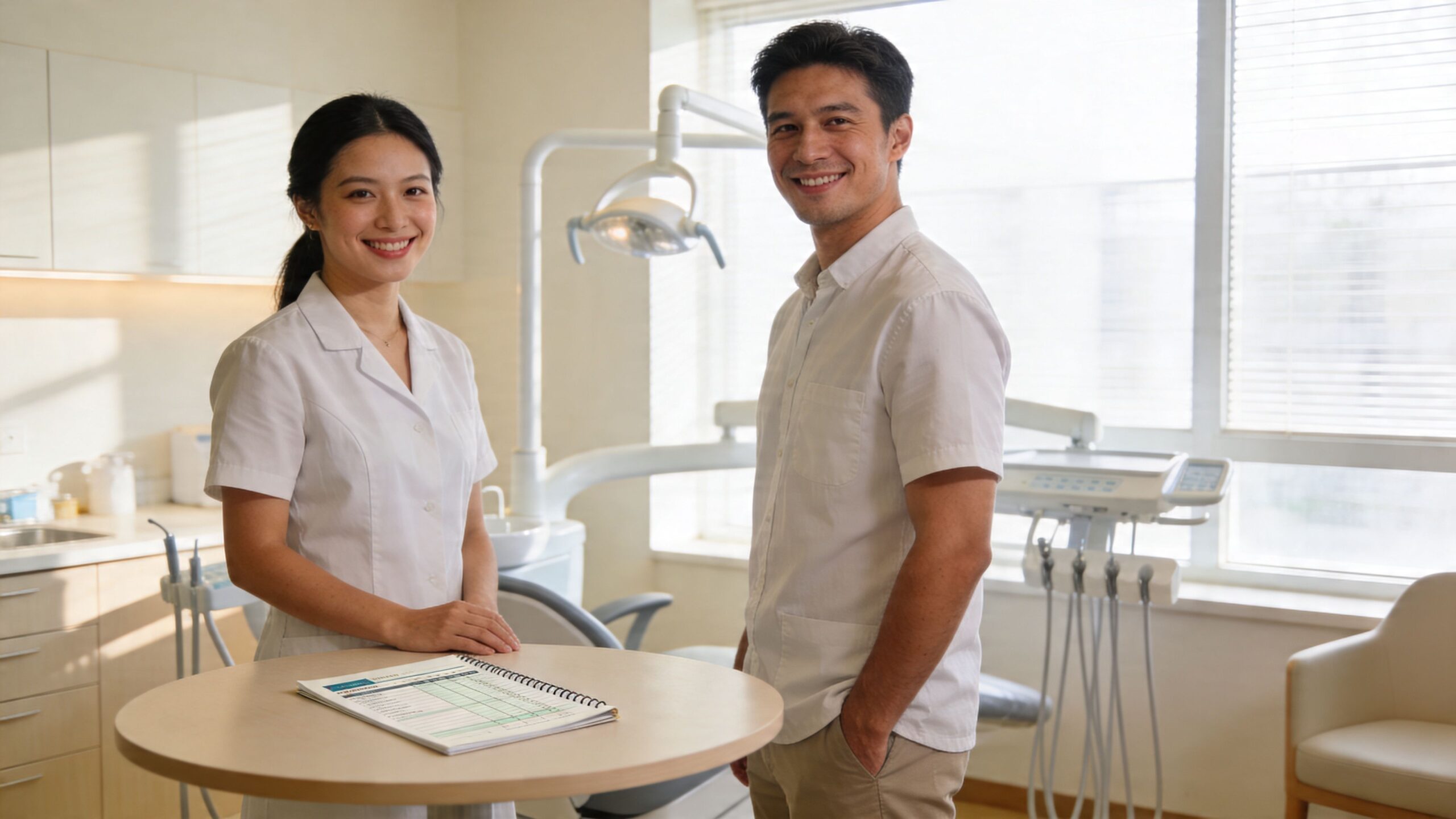 Charles E. Boren | Dentist Appointment Price in Bellaire, TX | Charles E. Boren A friendly female dentist and a male patient smiling together in a modern, bright dental office.