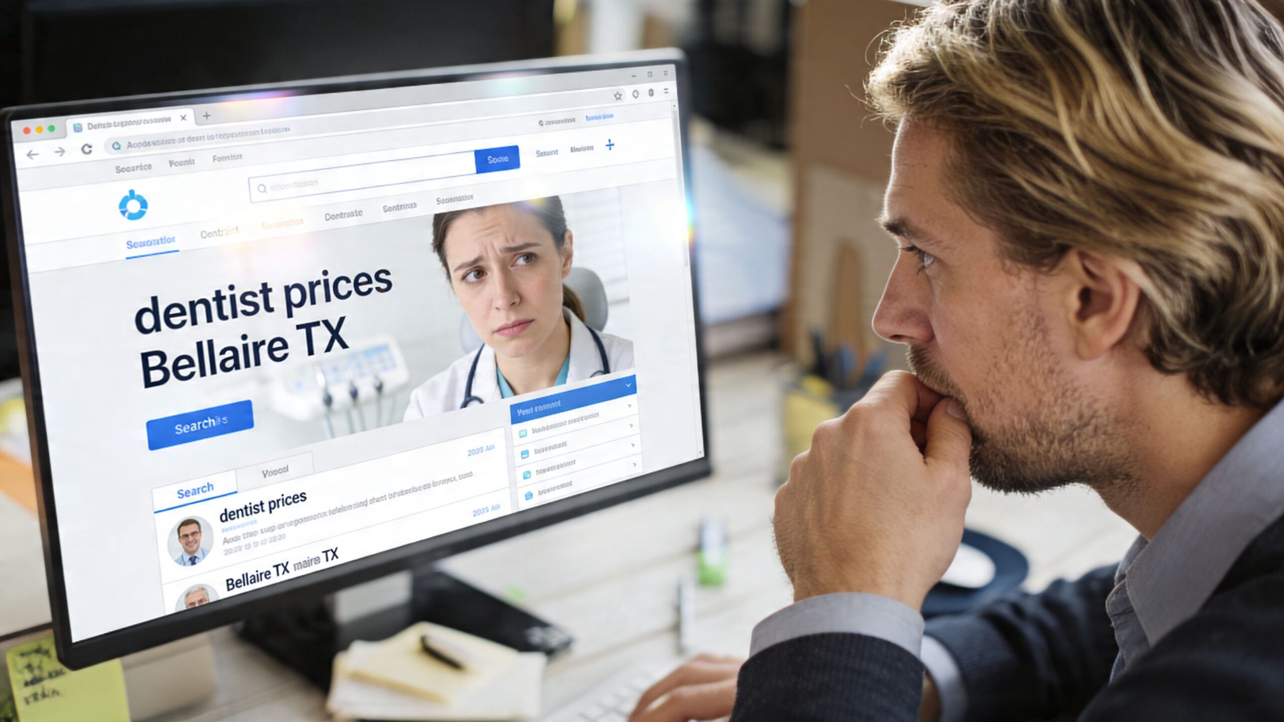 Charles E. Boren | Dentist Appointment Price in Bellaire, TX | Charles E. Boren A man looks concerned while searching for dentist appointment prices in Bellaire, Texas, on a computer screen.