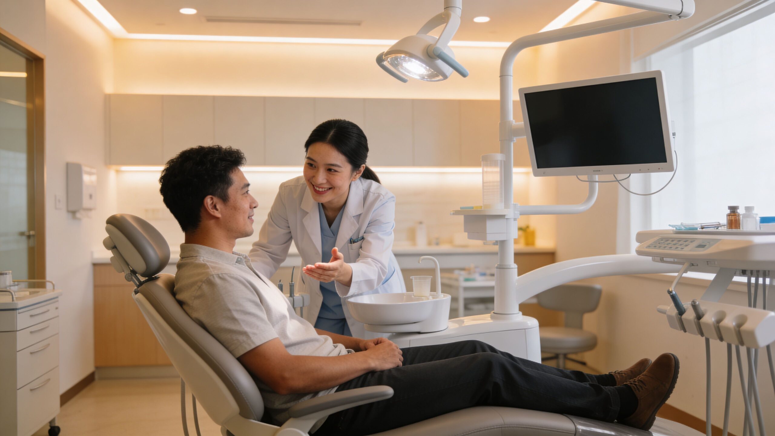 Emergency Dentist Same Day Appointment Houston & Bellaire 4 A friendly dentist explaining a procedure to a male patient sitting in a chair at a clinic.