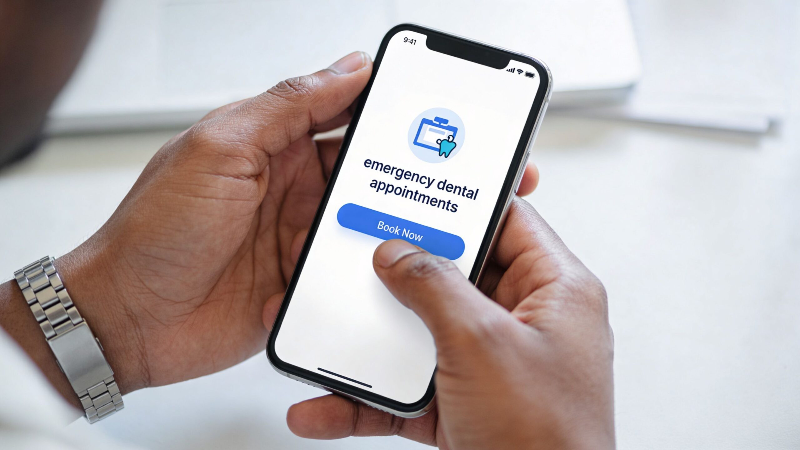Emergency Dentist Same Day Appointment Houston & Bellaire 3 A person holding a smartphone displaying an emergency dental appointment booking screen with a book now button.